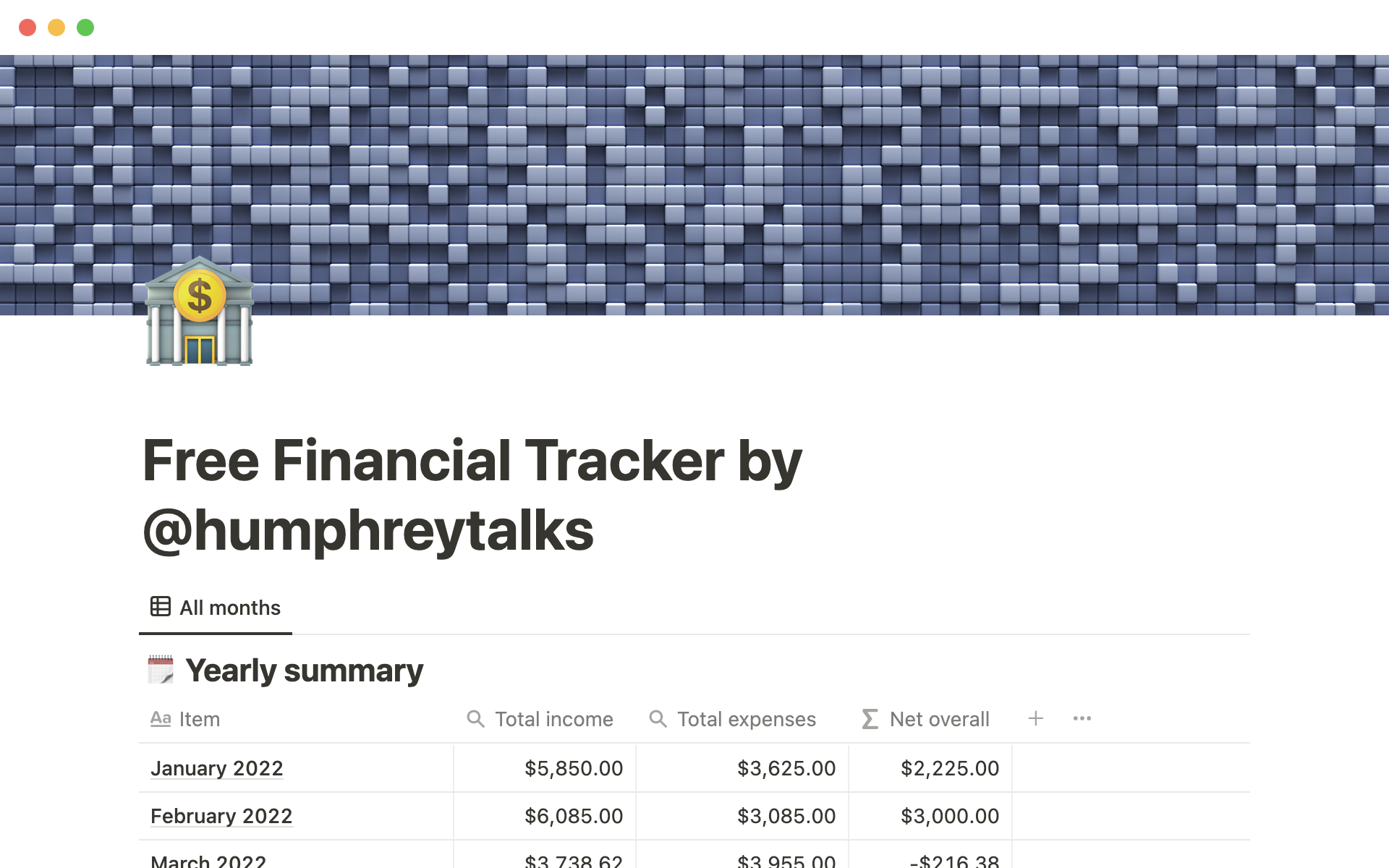 En förhandsgranskning av mallen för Humphrey Yang’s financial tracker