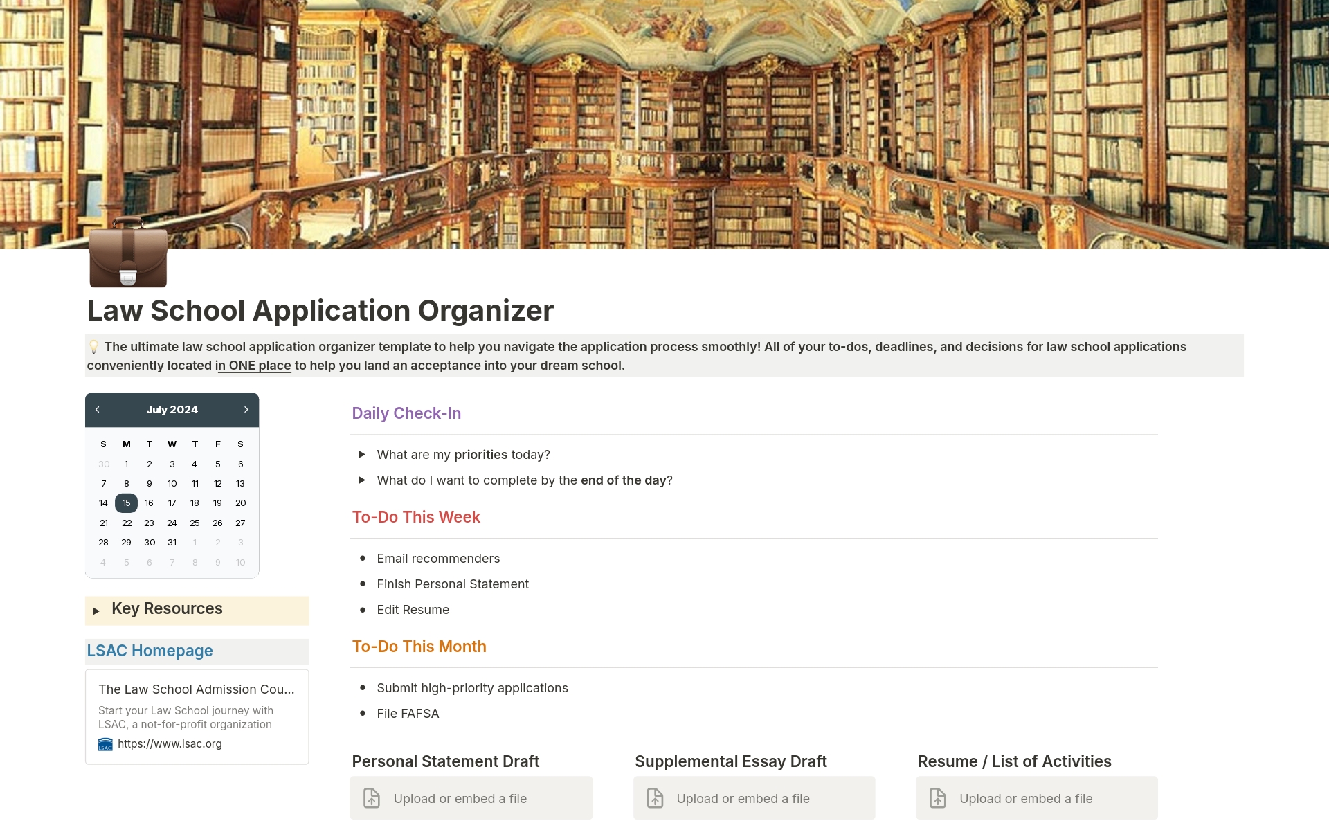 A template preview for Law School Application Organizer
