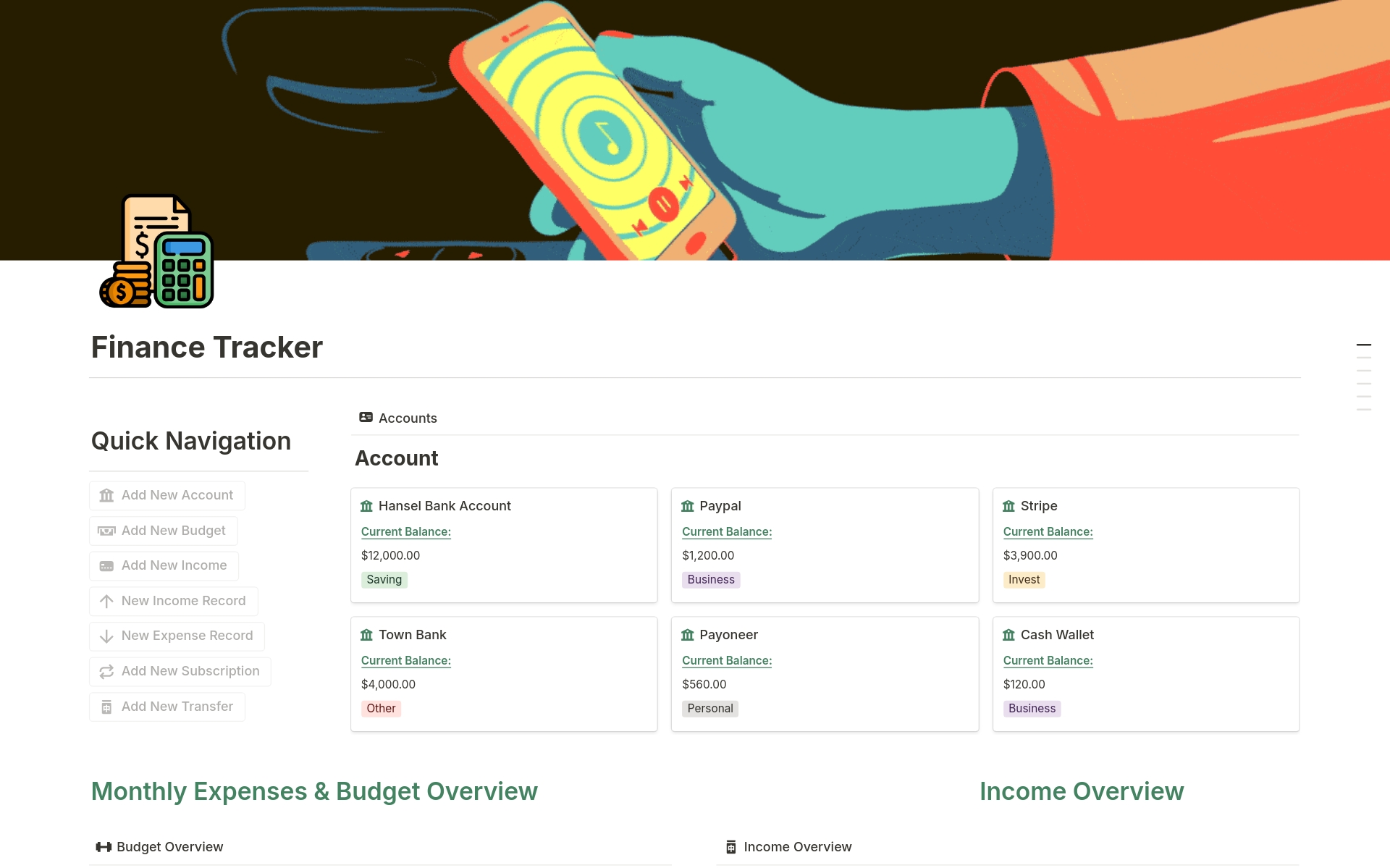 Take Control of Your Finances with this Finance Tracker Notion Template

Our Finance Tracker is your ultimate tool for managing your finances with ease and precision.