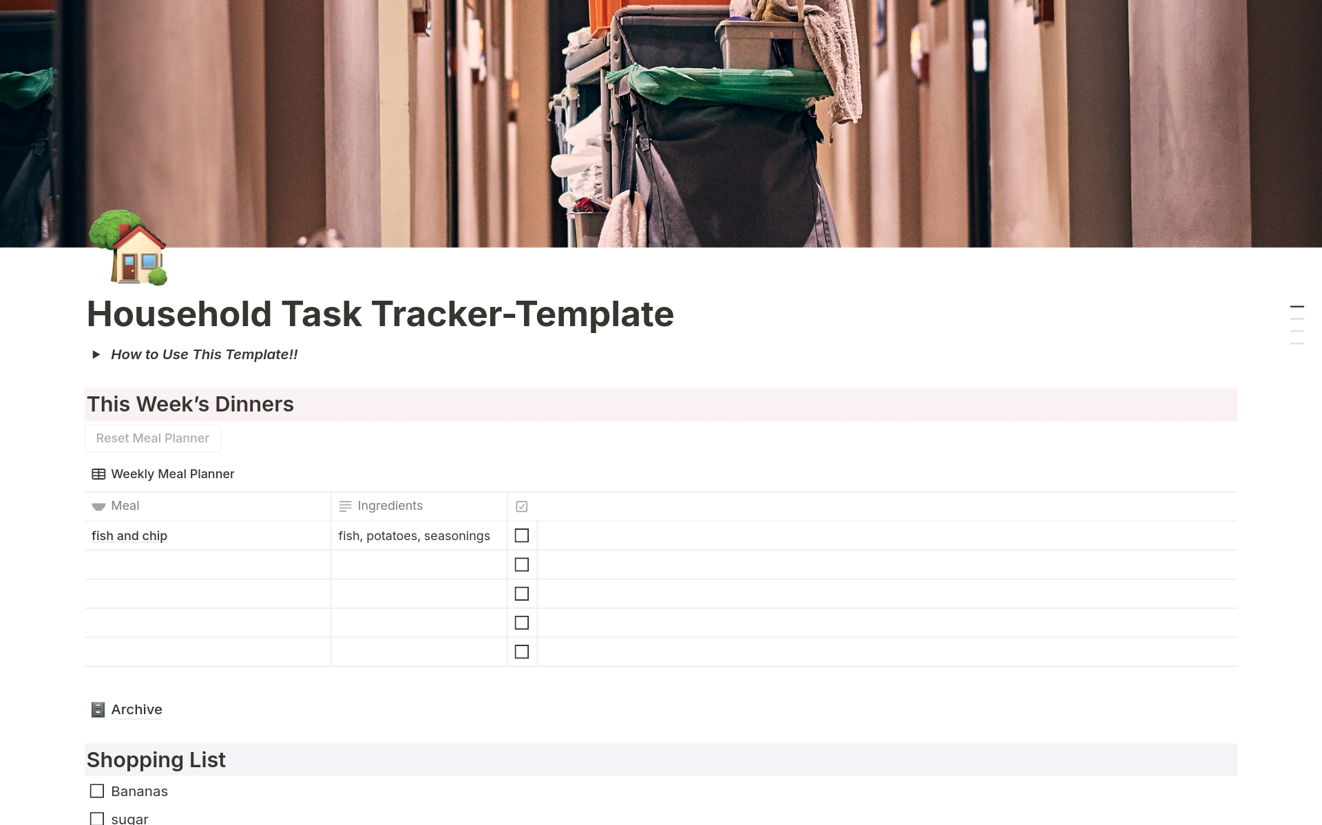 En förhandsgranskning av mallen för Household Task Tracker