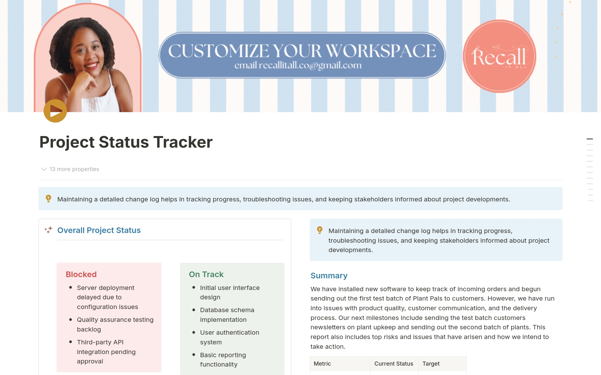 Project Manager Stakeholder Status Tracker Template Notion Marketplace