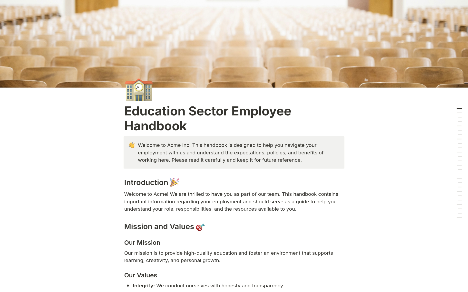 En forhåndsvisning av mal for Education Sector Employee Handbook