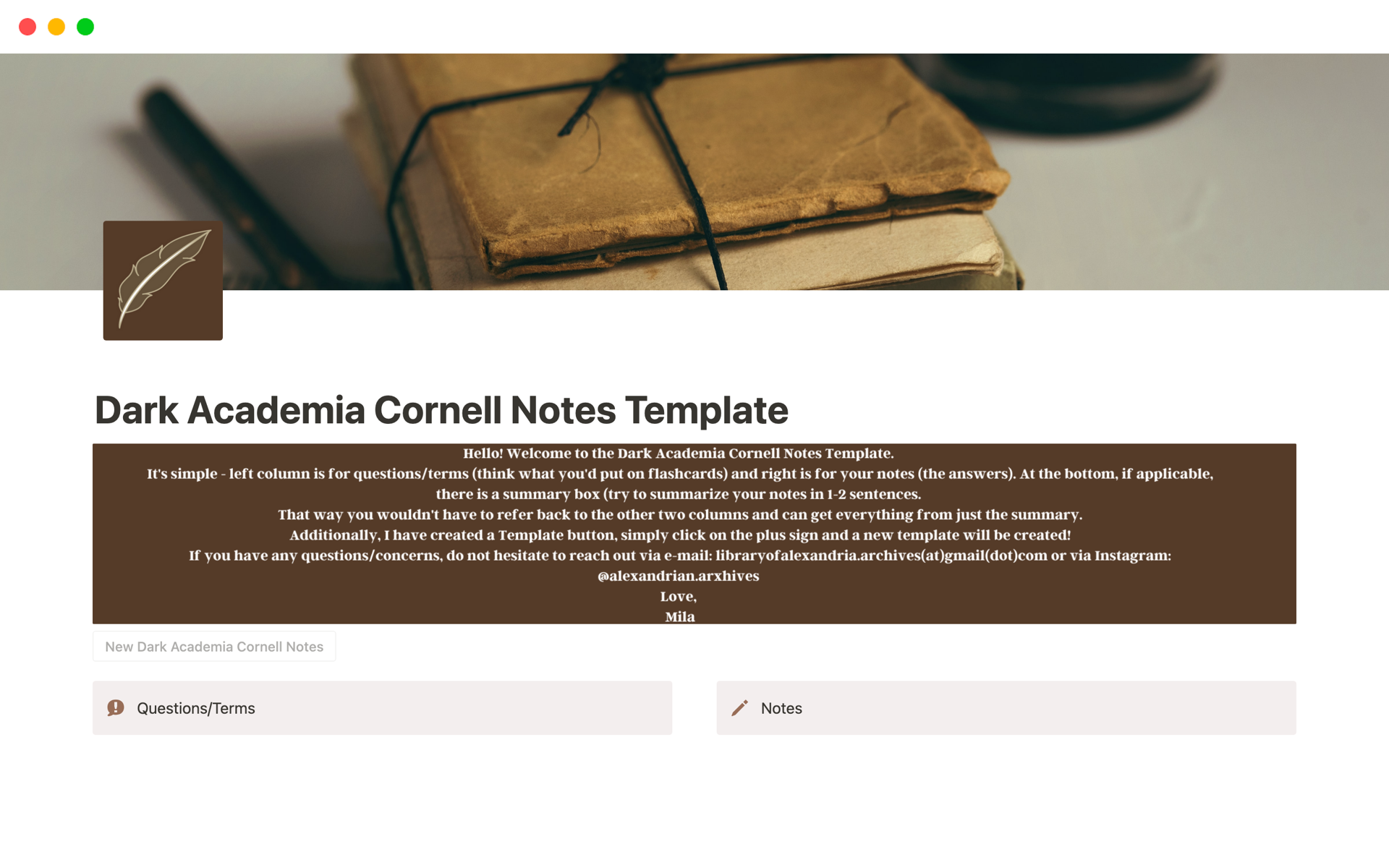 En förhandsgranskning av mallen för Dark Academia Cornell Notes Template