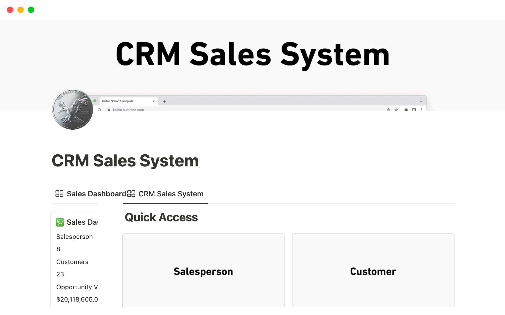 En forhåndsvisning av mal for CRM Sales System