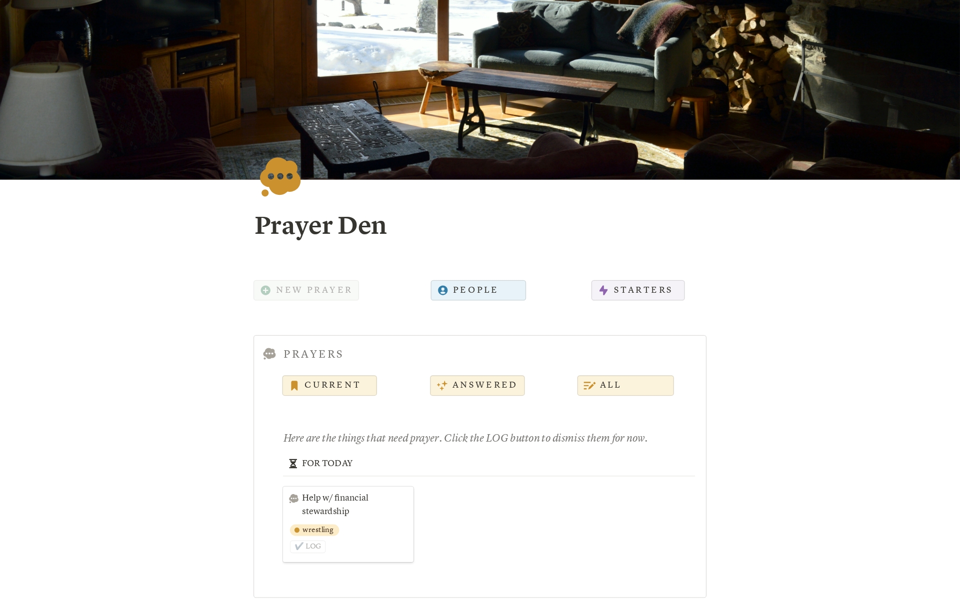 En forhåndsvisning av mal for PRAYERden • Christian prayer tracker