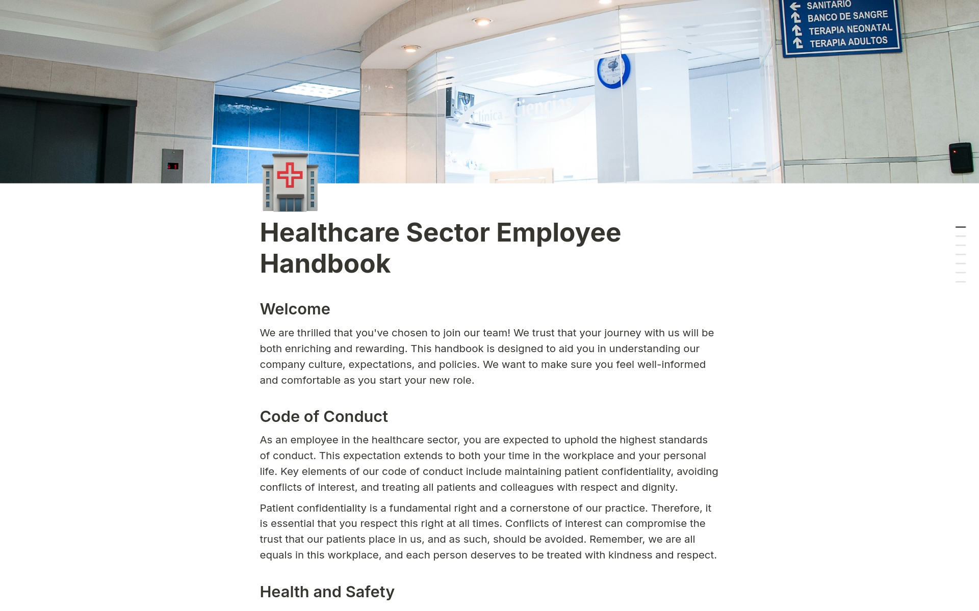 En forhåndsvisning av mal for Healthcare Sector Employee Handbook