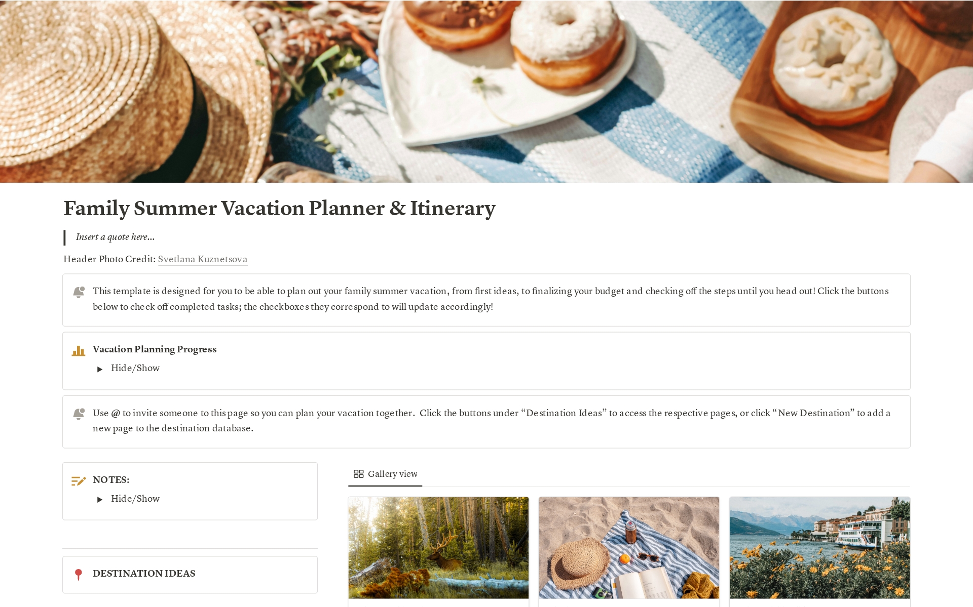 En forhåndsvisning av mal for Family Summer Vacation | Planner and Itinerary