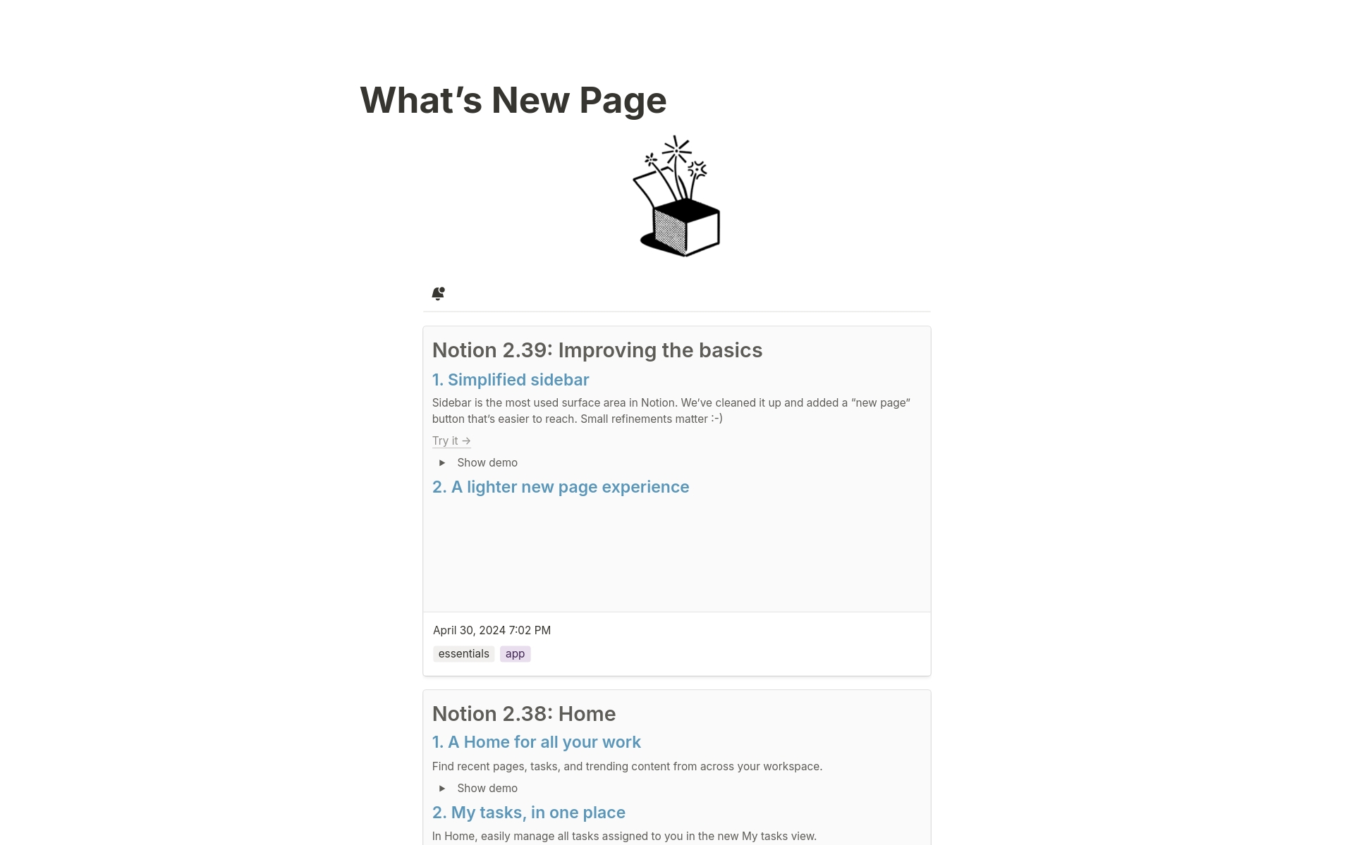 Vista previa de una plantilla para What's New Page