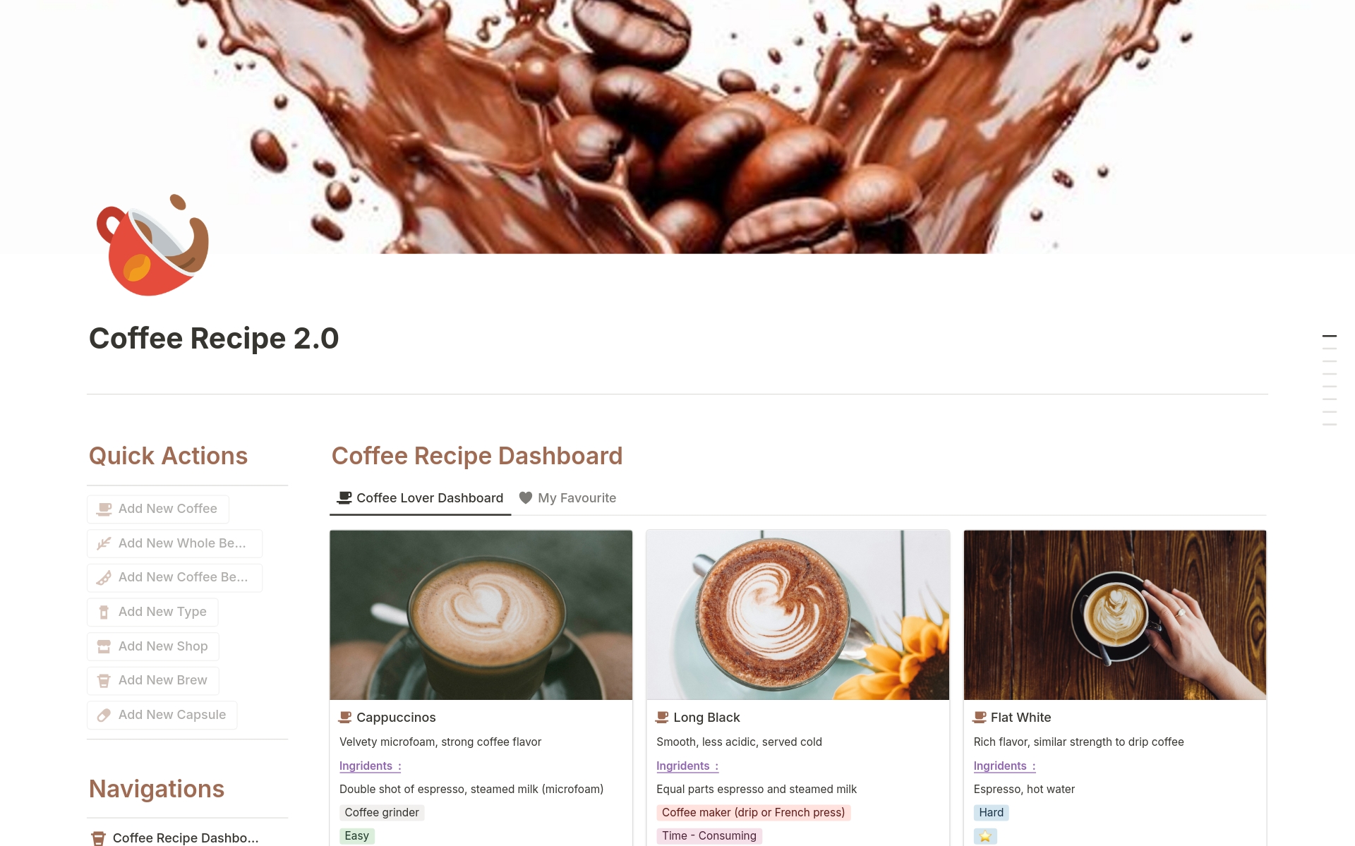 Coffee Dashboard, is the ultimate hub for all things coffee.

Notion dashboard is designed to help you explore and enjoy the world of coffee like never before.

From tracking your favorite blends and roast levels to discovering new brewing methods and recipes, this dashboard has 
