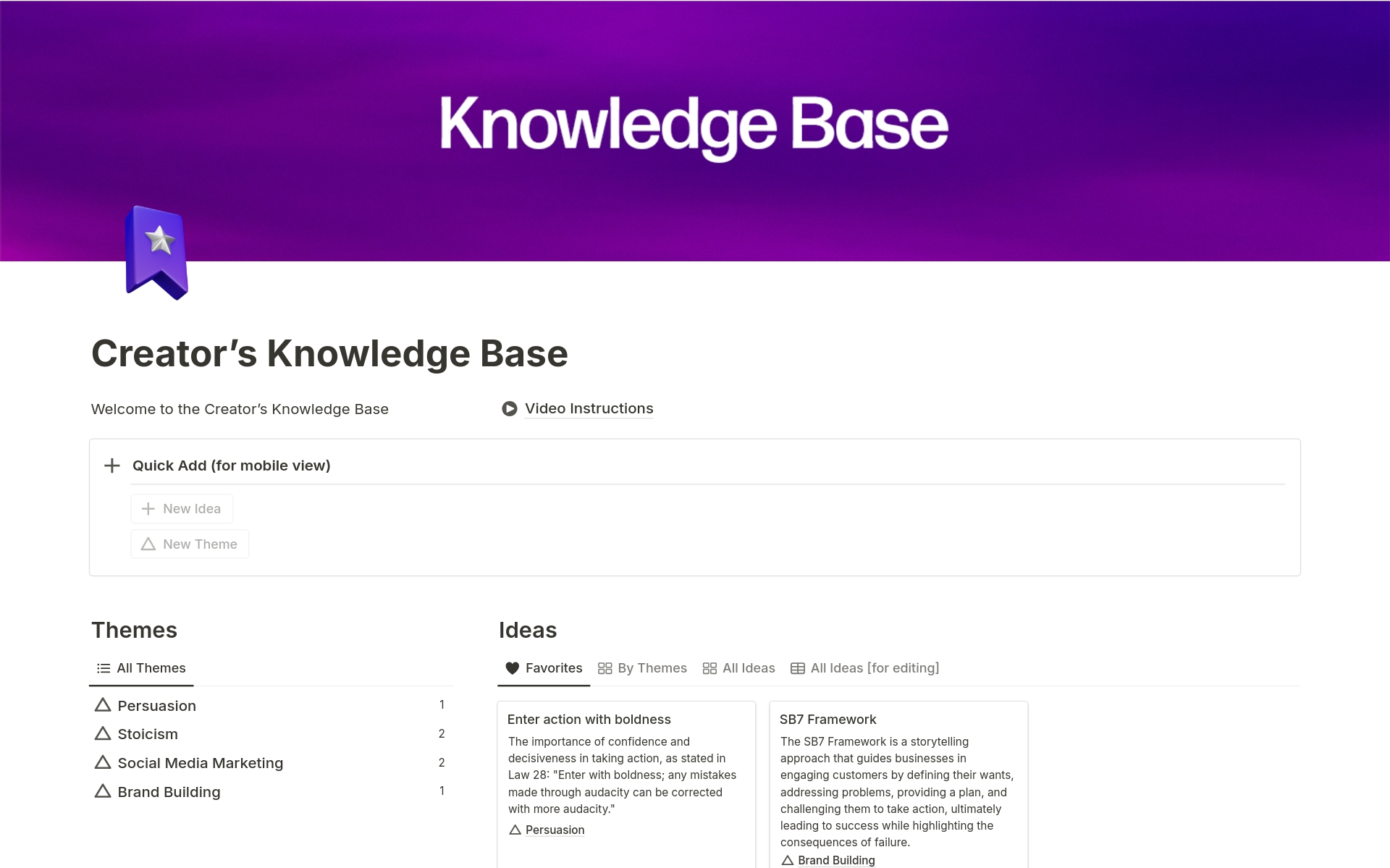 En förhandsgranskning av mallen för Creator's Knowledge Base