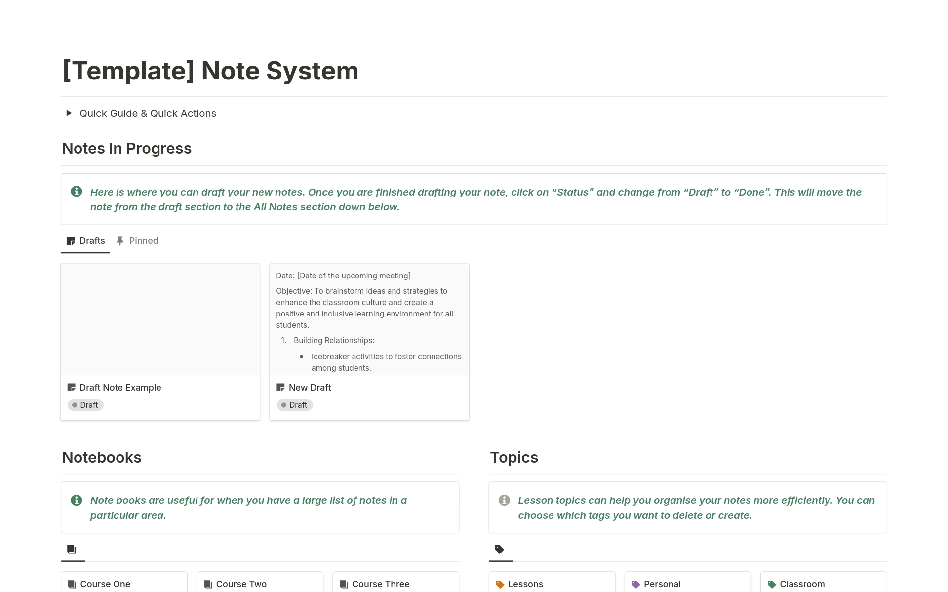 En förhandsgranskning av mallen för Note Tracker System