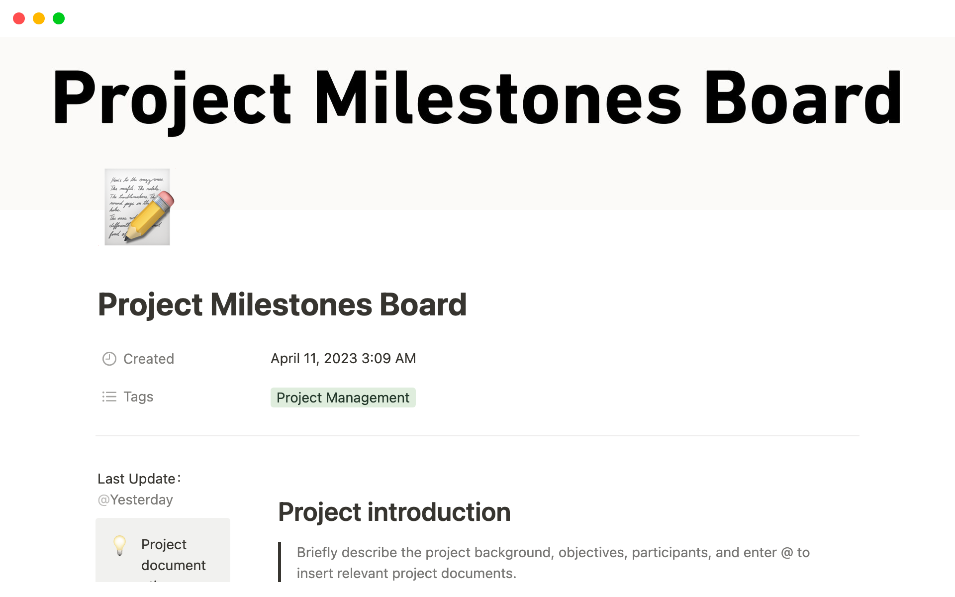 En forhåndsvisning av mal for Project Milestones Board