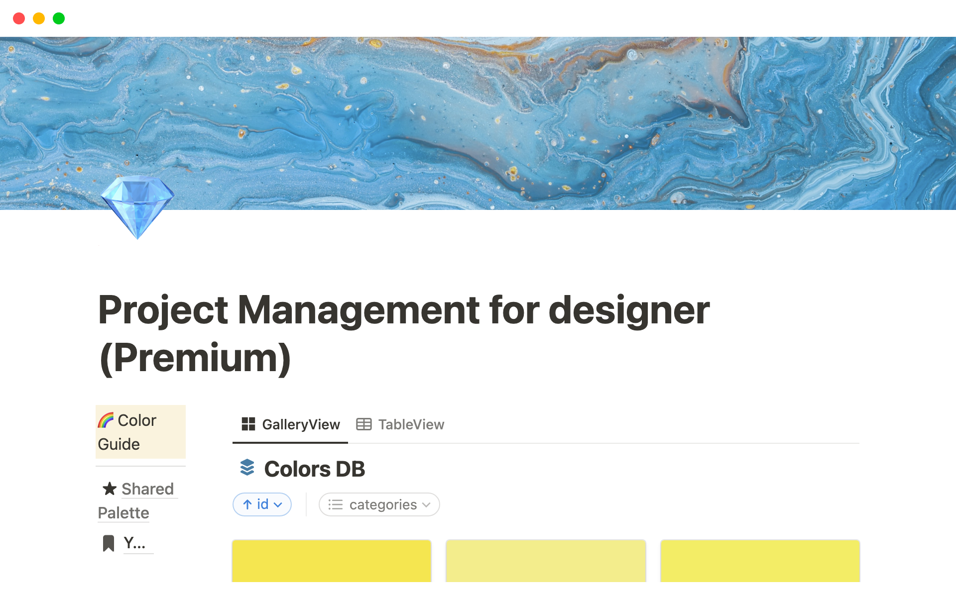 En forhåndsvisning av mal for Project Management for designer (Premium)