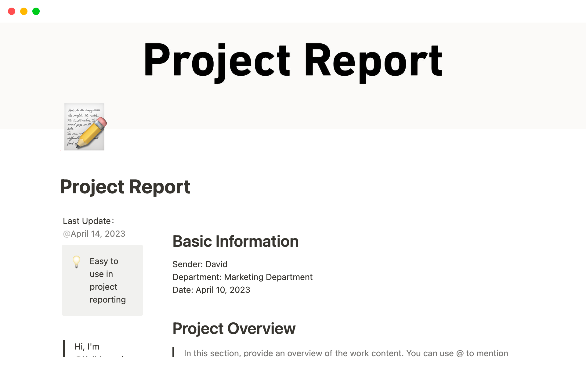 En forhåndsvisning av mal for Project Report
