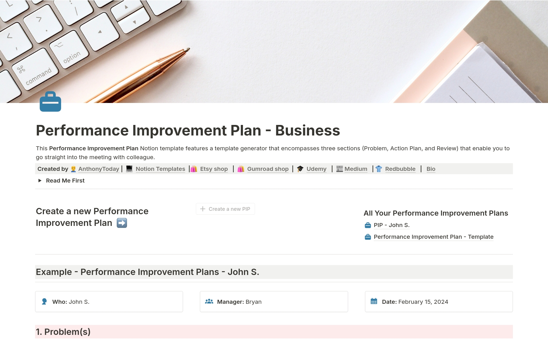 En forhåndsvisning av mal for Performance Improvement Plan - Business