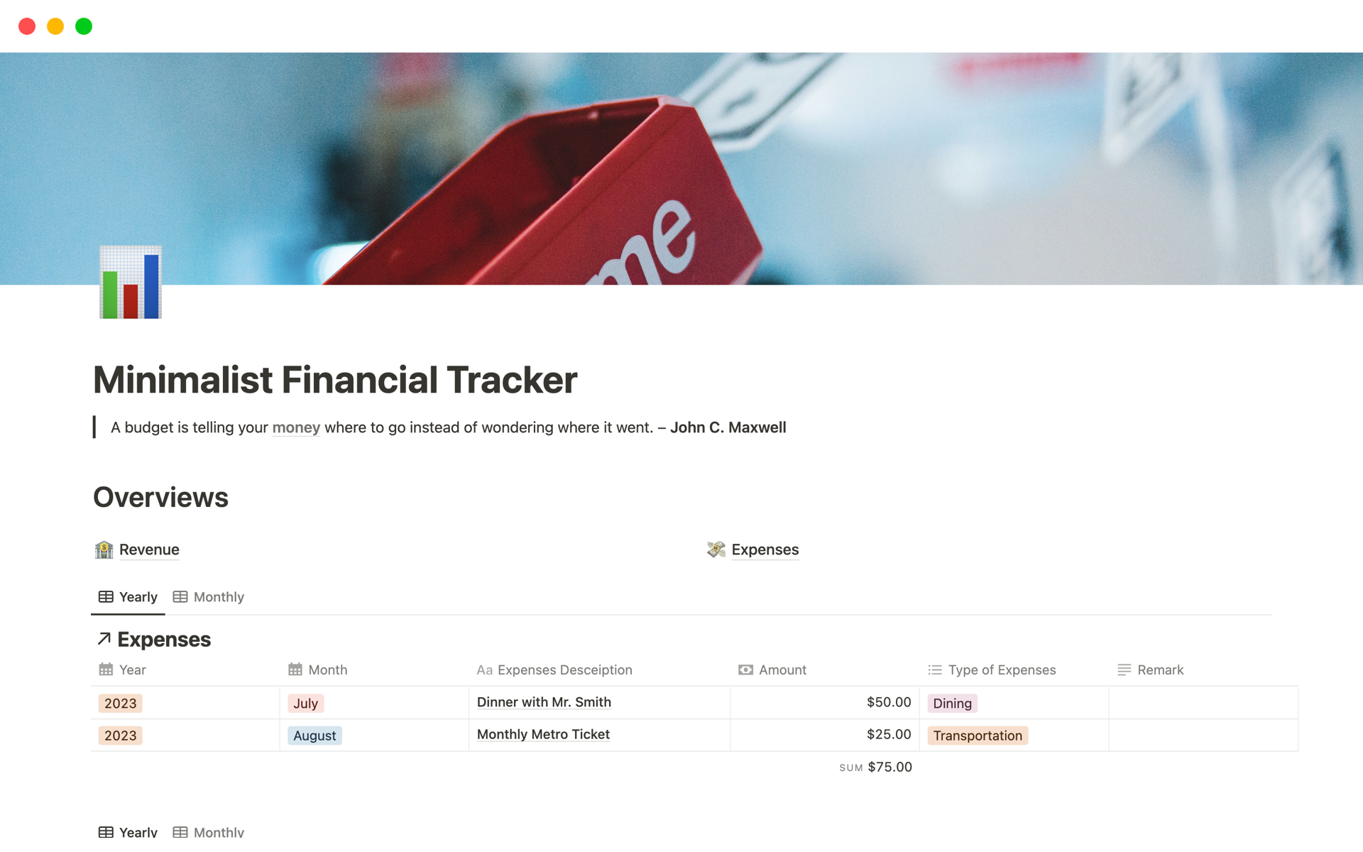 Vista previa de una plantilla para Minimalist Financial Tracker
