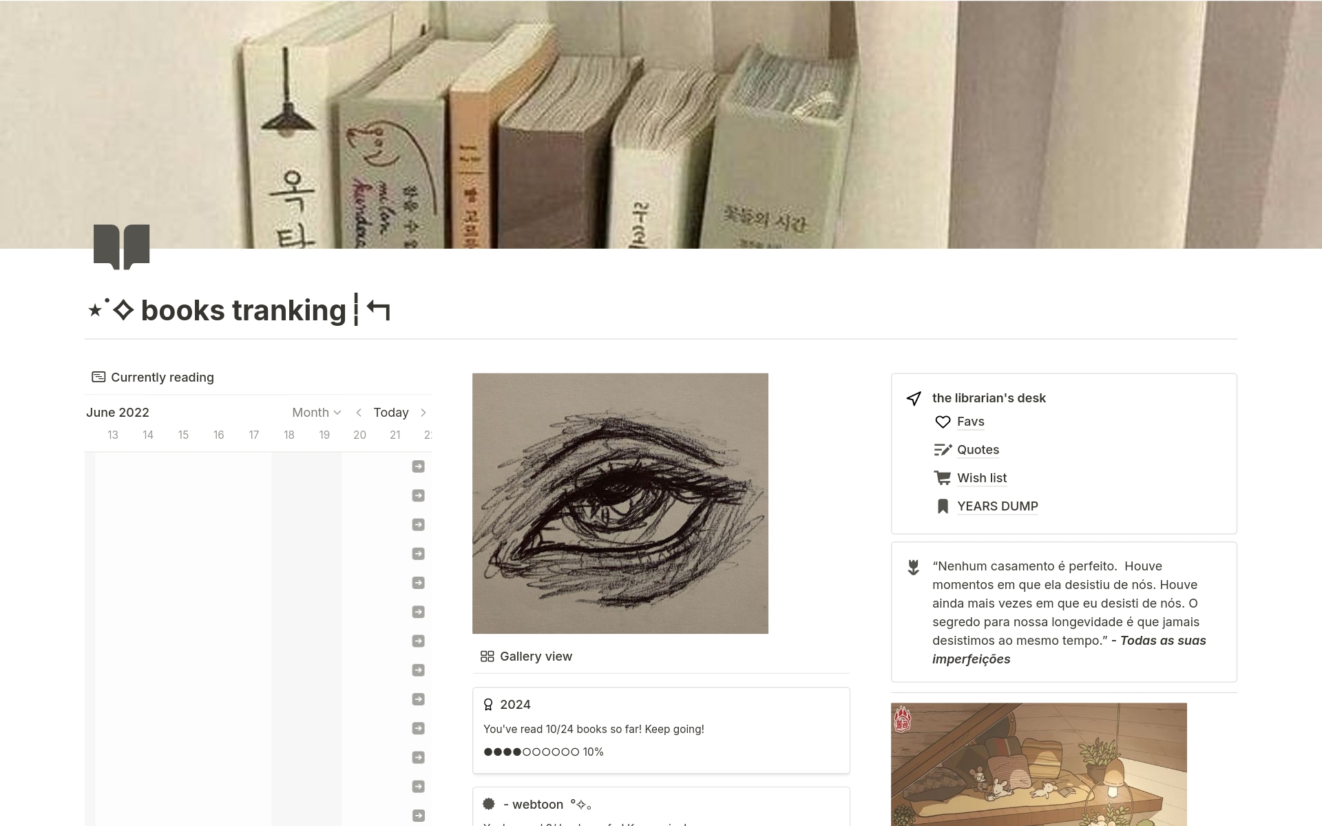 Aesthetically pleasing template that provides a visually engaging representation of your reading landscape. Easily add books, annotate with personal notes, and update your progress effortlessly.
