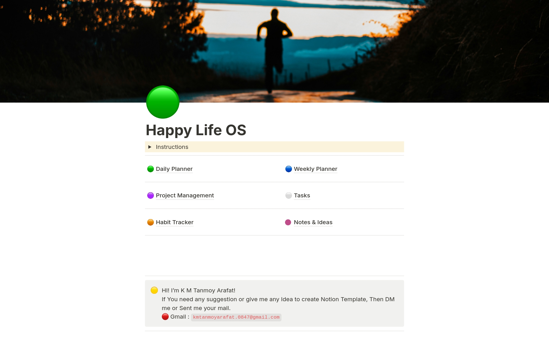 En forhåndsvisning av mal for Happy Life OS