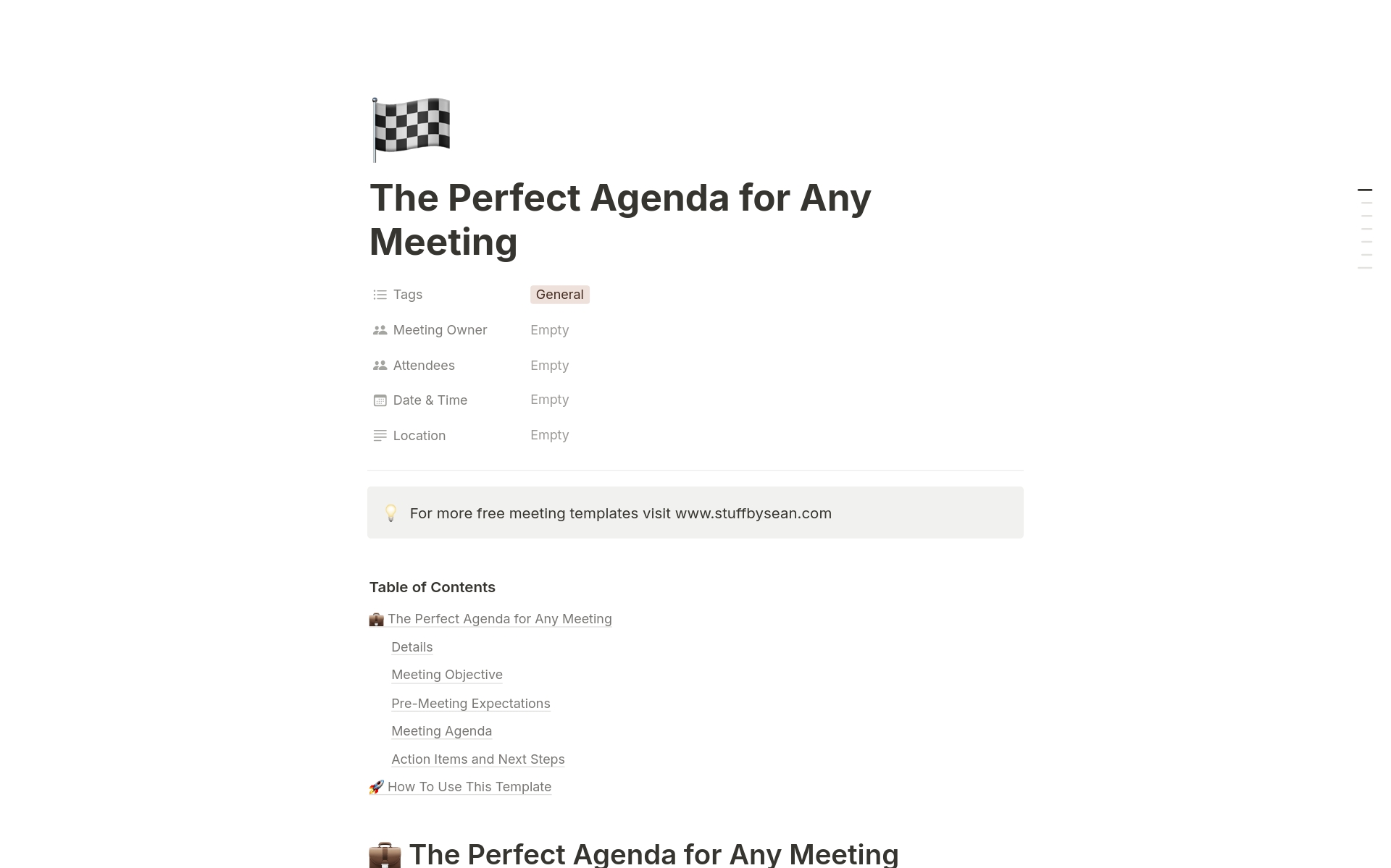 Maximize efficiency with the perfect meeting agenda template! Tailored for any meeting, ensure clarity in objectives, pre-meeting prep, a streamlined agenda, and clear action items. Transform your meetings now!