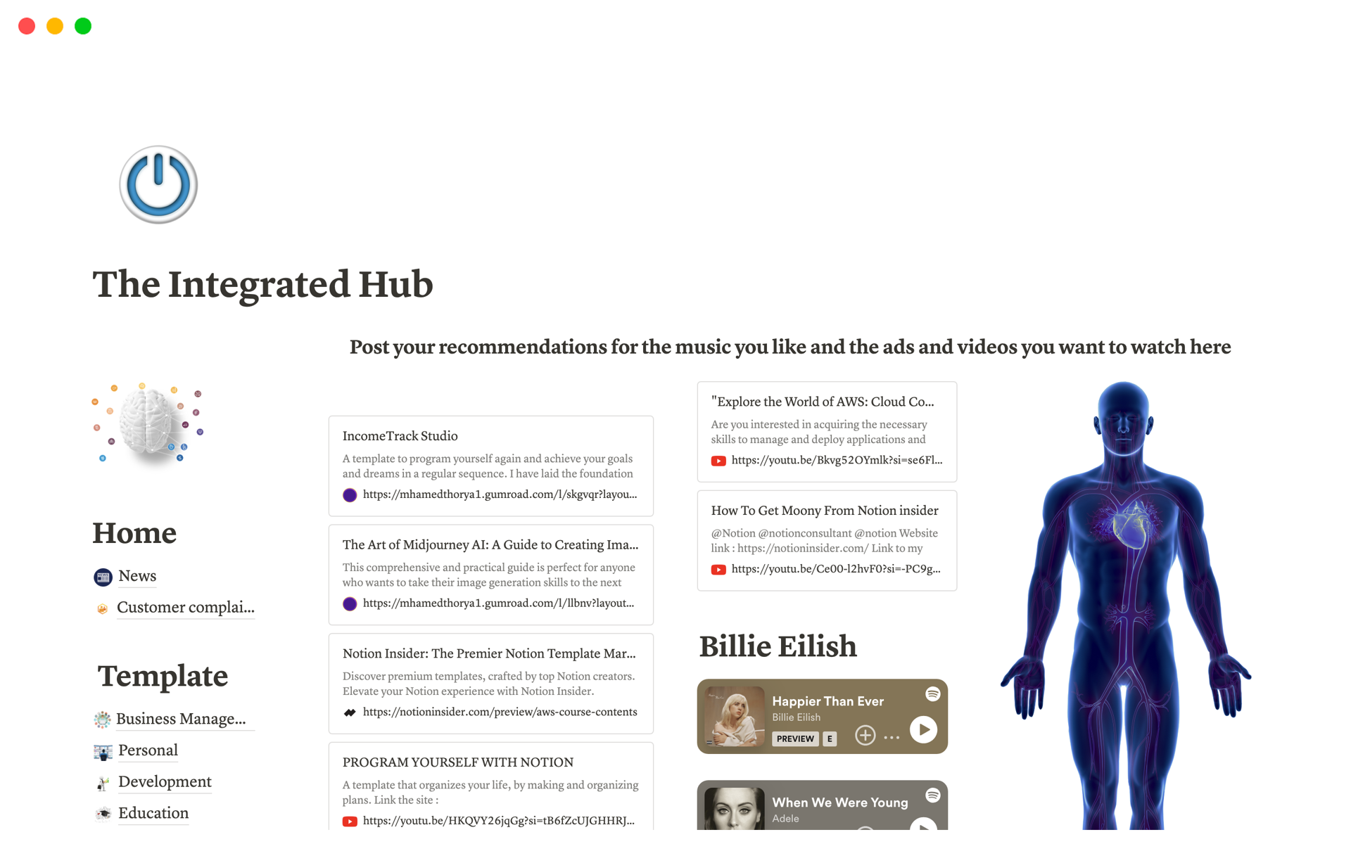 "Welcome to the Integrated Hub!

Our Notion template brings together a diverse range of activities, free templates, lessons, videos, hobbies, favorite music, and design elements, all in one easy-to-navigate place.
