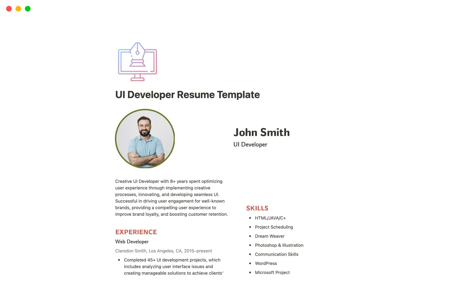 Vista previa de una plantilla para UI Developer Resume