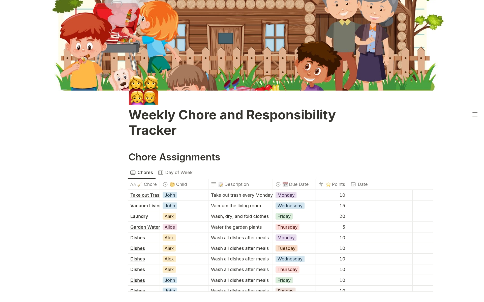 Effortlessly manage family chores and rewards with our Notion template, featuring chore assignments, progress tracking, and a points-based reward system.