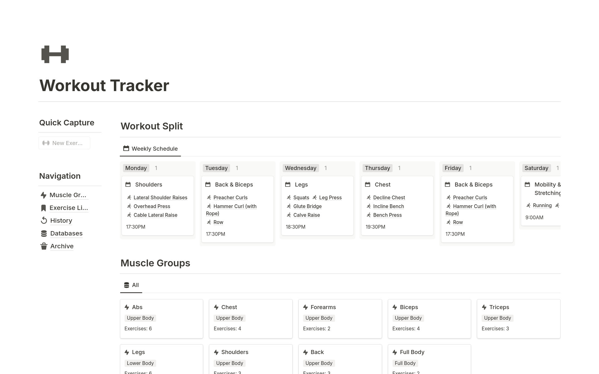 En förhandsgranskning av mallen för Workout Tracker