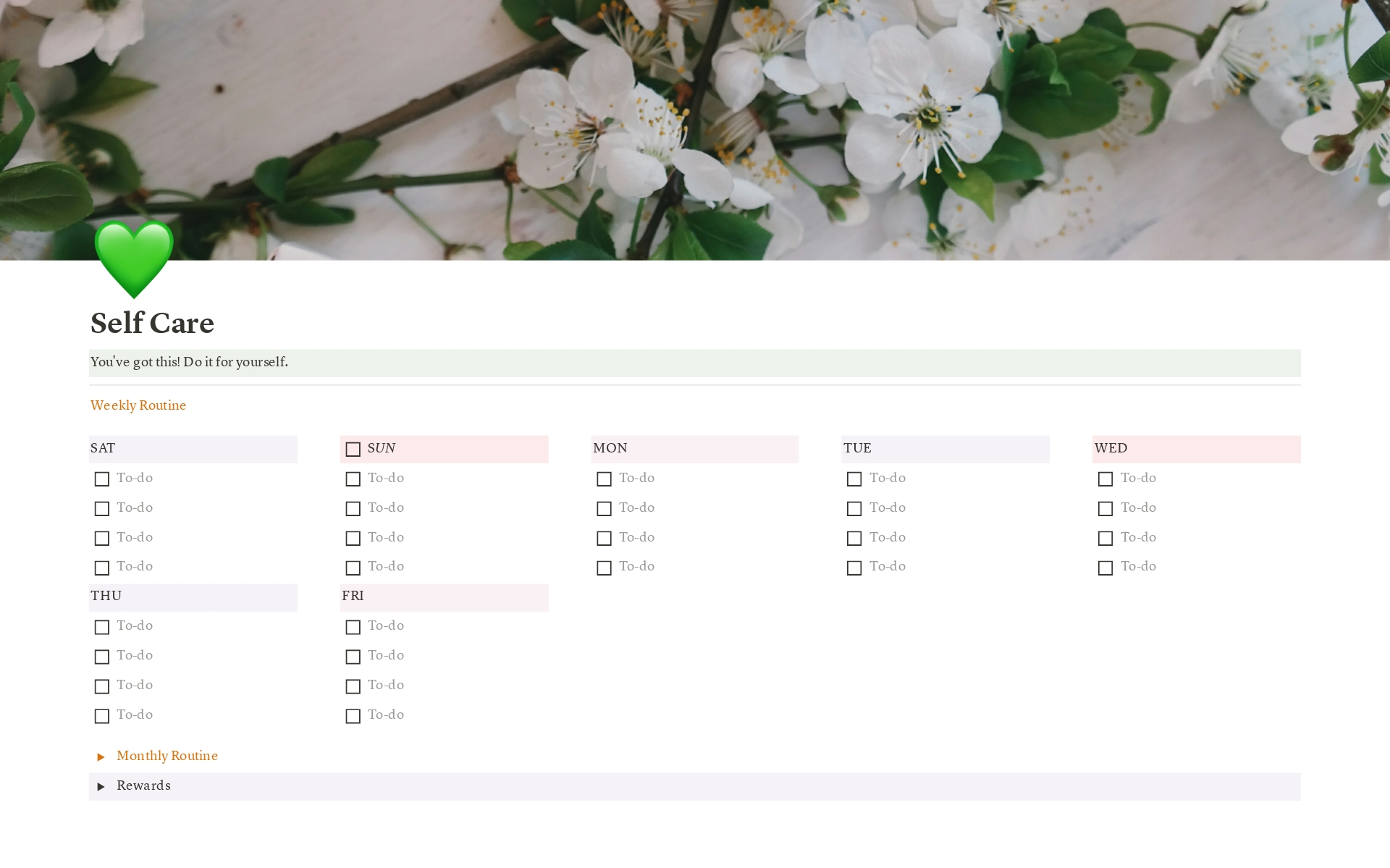 It is a self-care template that will help people to stay organized about their ideas. This template has section like weekly routine, monthly routine and self rewards.
