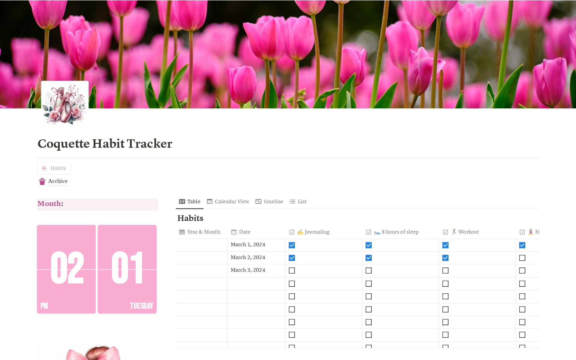 En forhåndsvisning av mal for Coquette Pink Habit Tracker