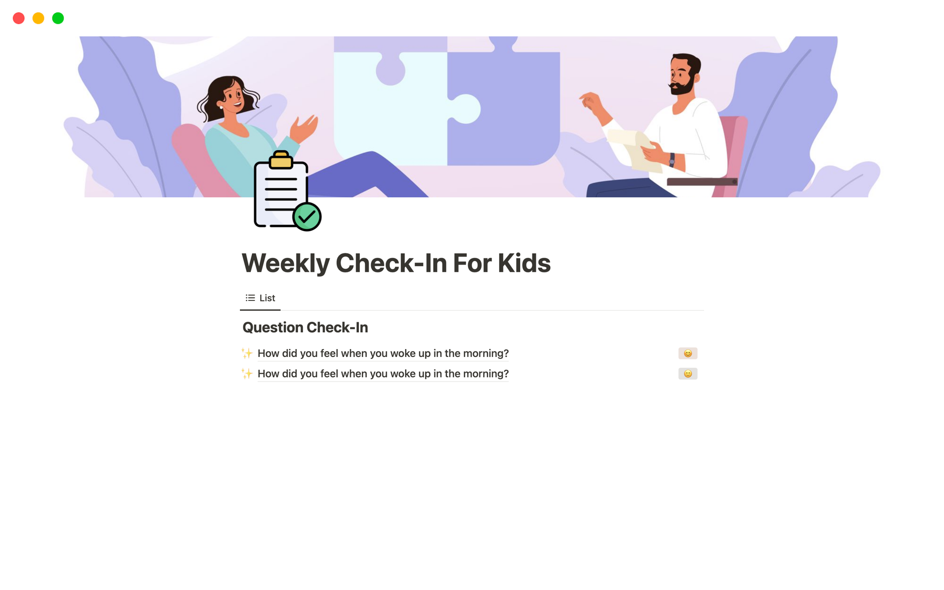 En forhåndsvisning av mal for Weekly Check-In For Kids