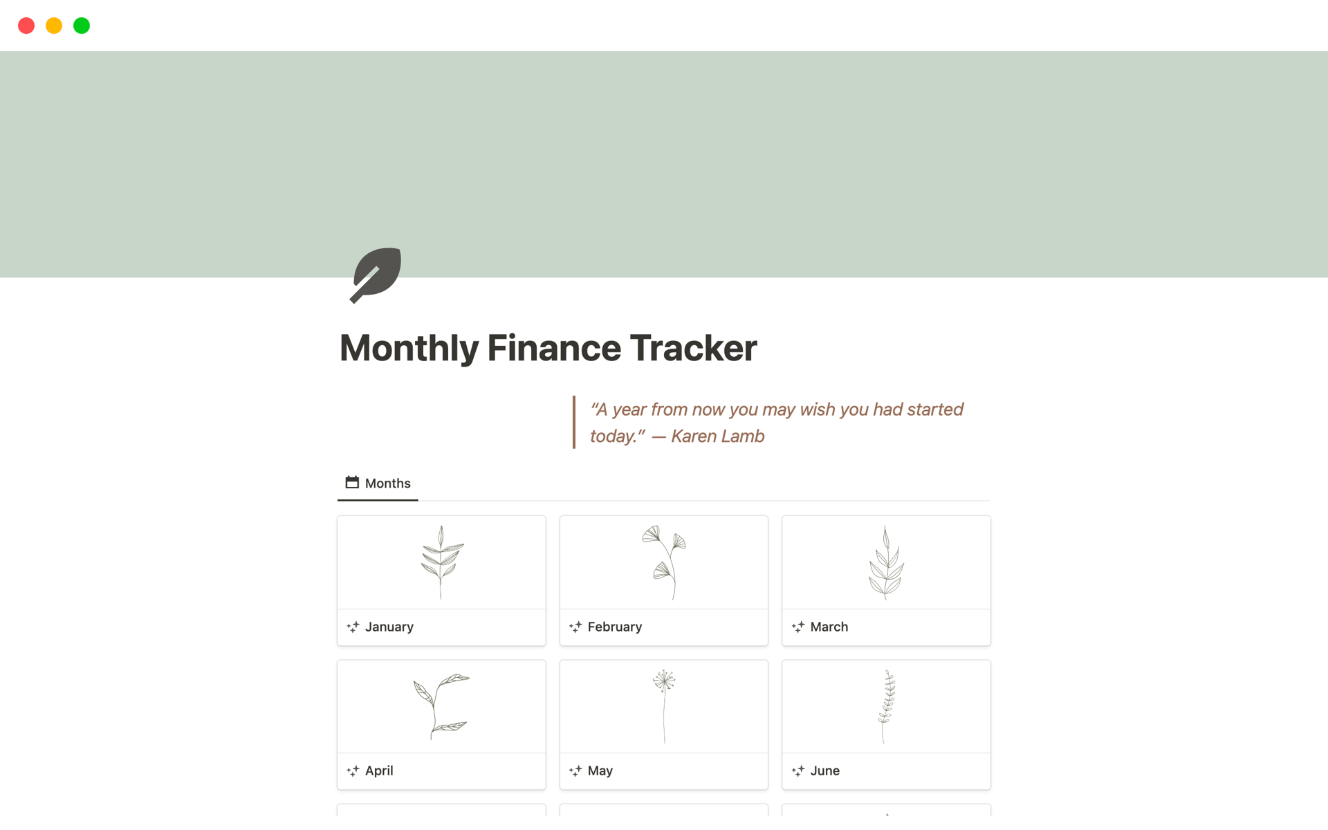 En forhåndsvisning av mal for Monthly Finance Tracker