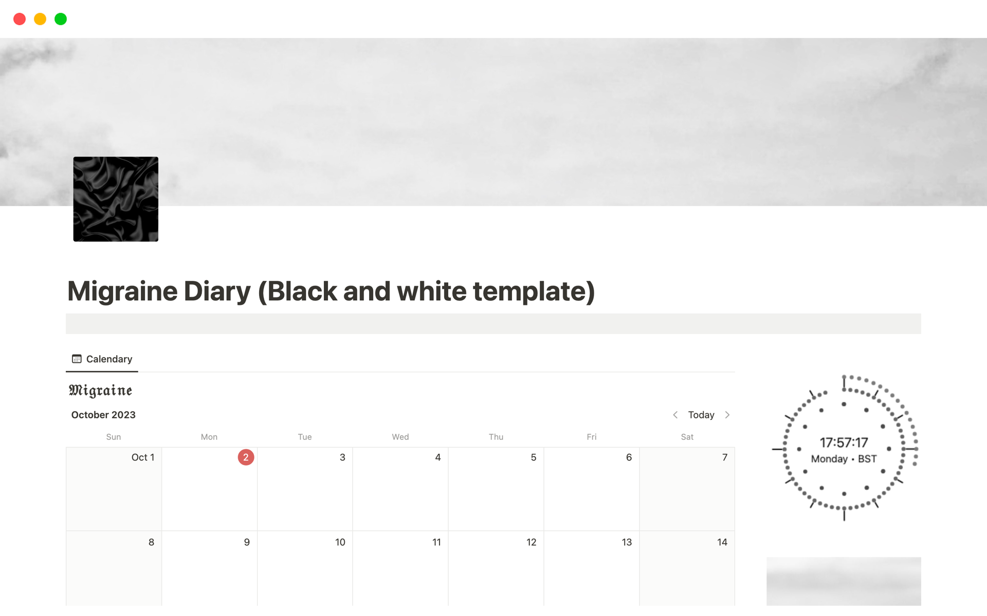 Vista previa de una plantilla para Migraine Diary (Black and white template)