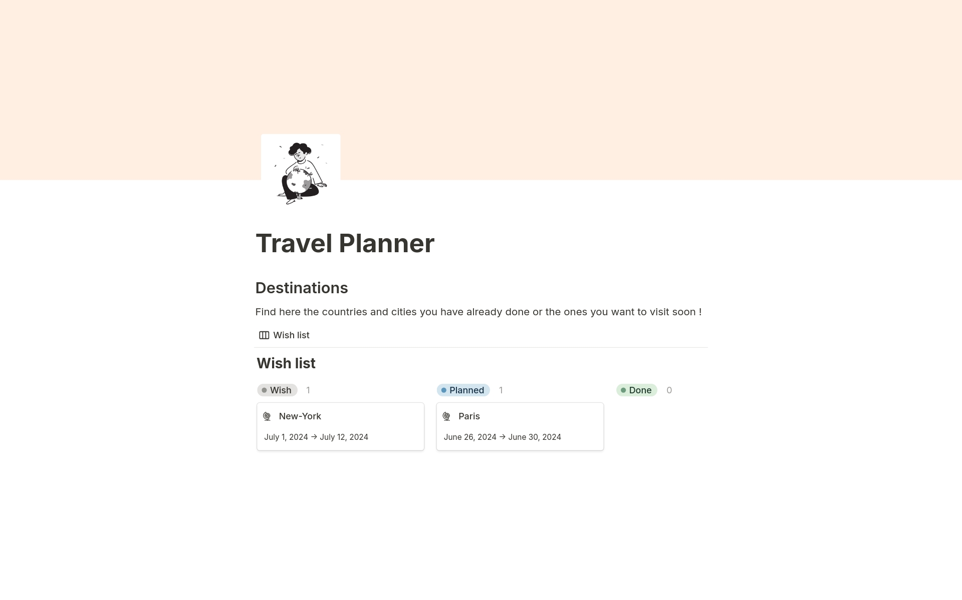 You wish to visit a country, or you have already planned something ? Keep track of it with this template. Create and plan which future trip !