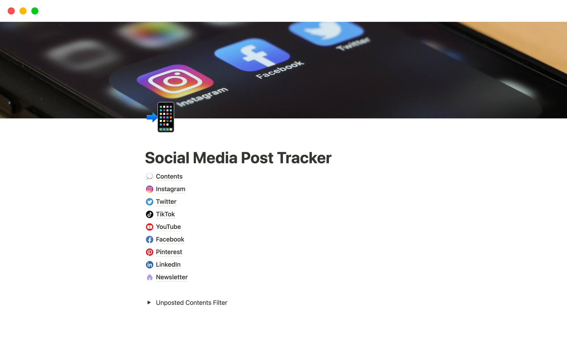 En forhåndsvisning av mal for Social Media Post Tracker