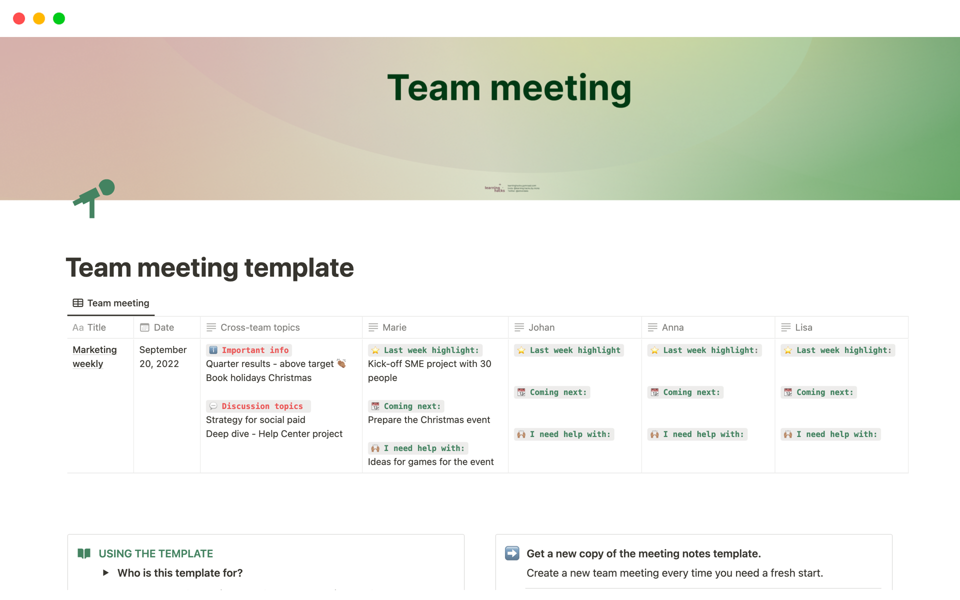 Mallin esikatselu nimelle Team meeting template