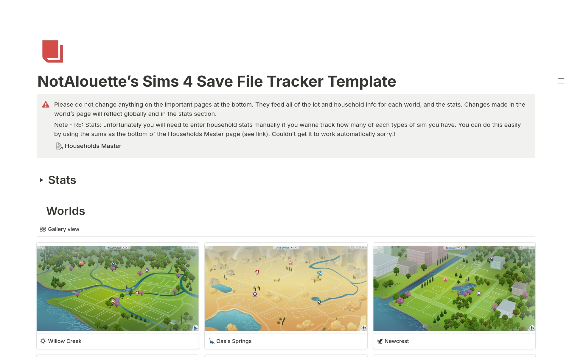 En forhåndsvisning av mal for Sims 4 Save File Tracker