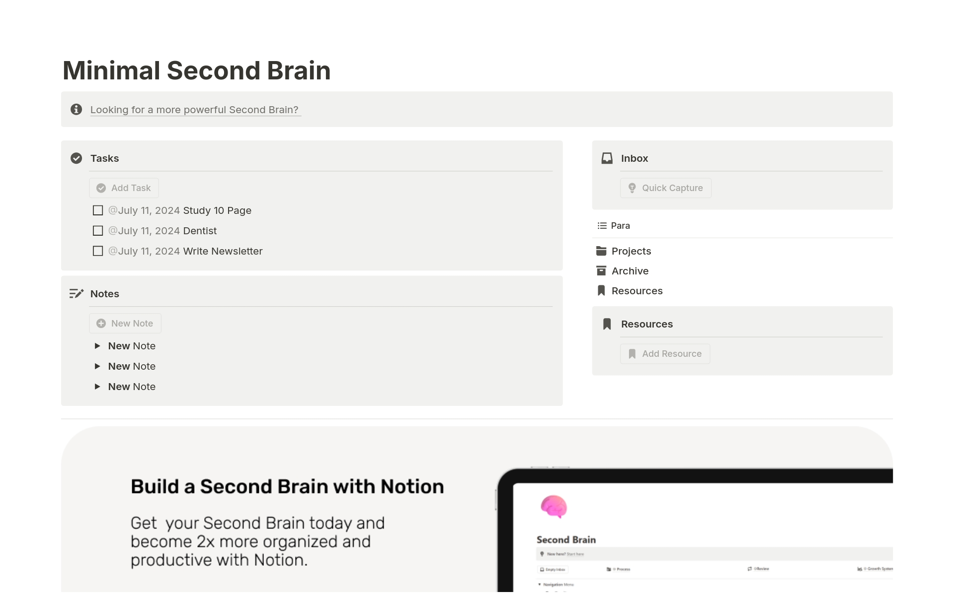 A minimalist Second Brain Template for Notion