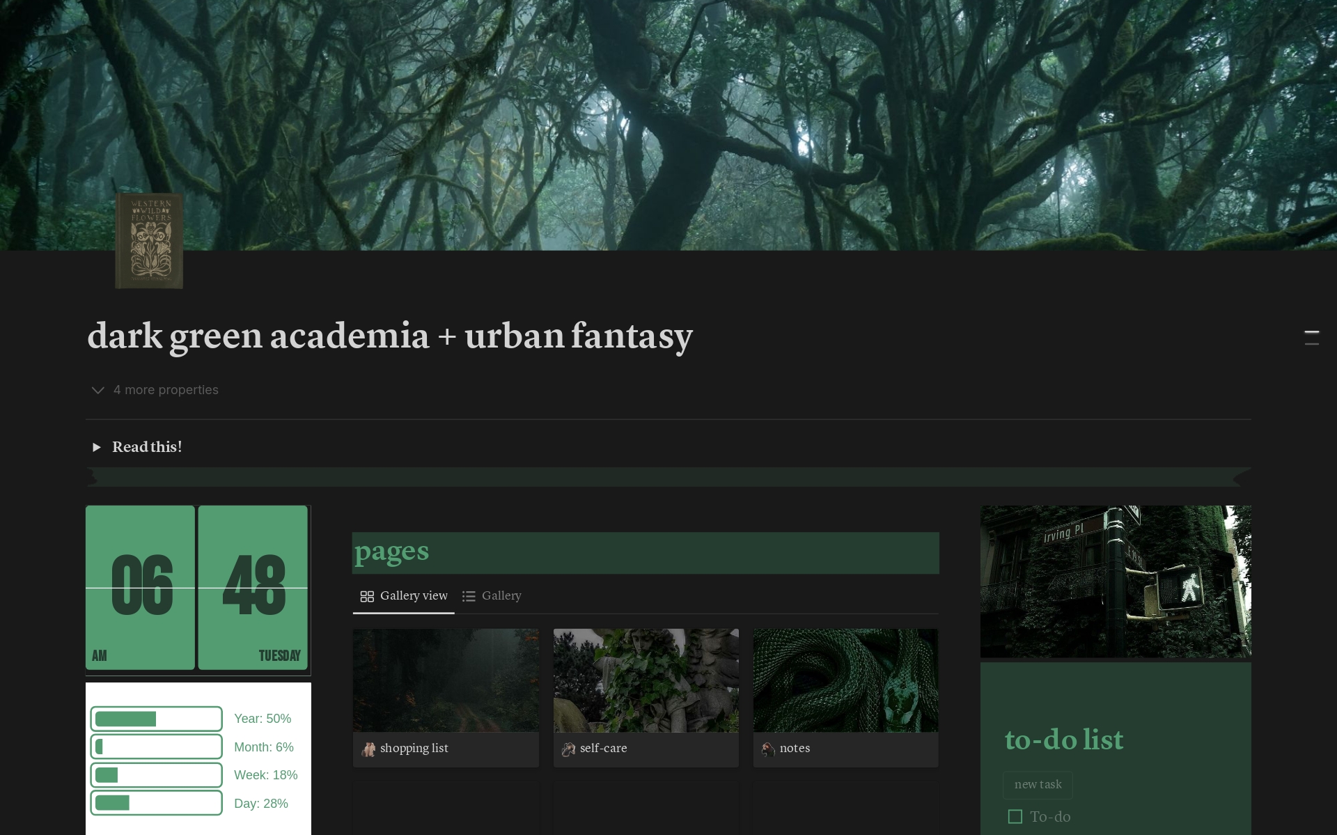 Eine Vorlagenvorschau für Dark Green Academia/Urban Fantasy Dashboard