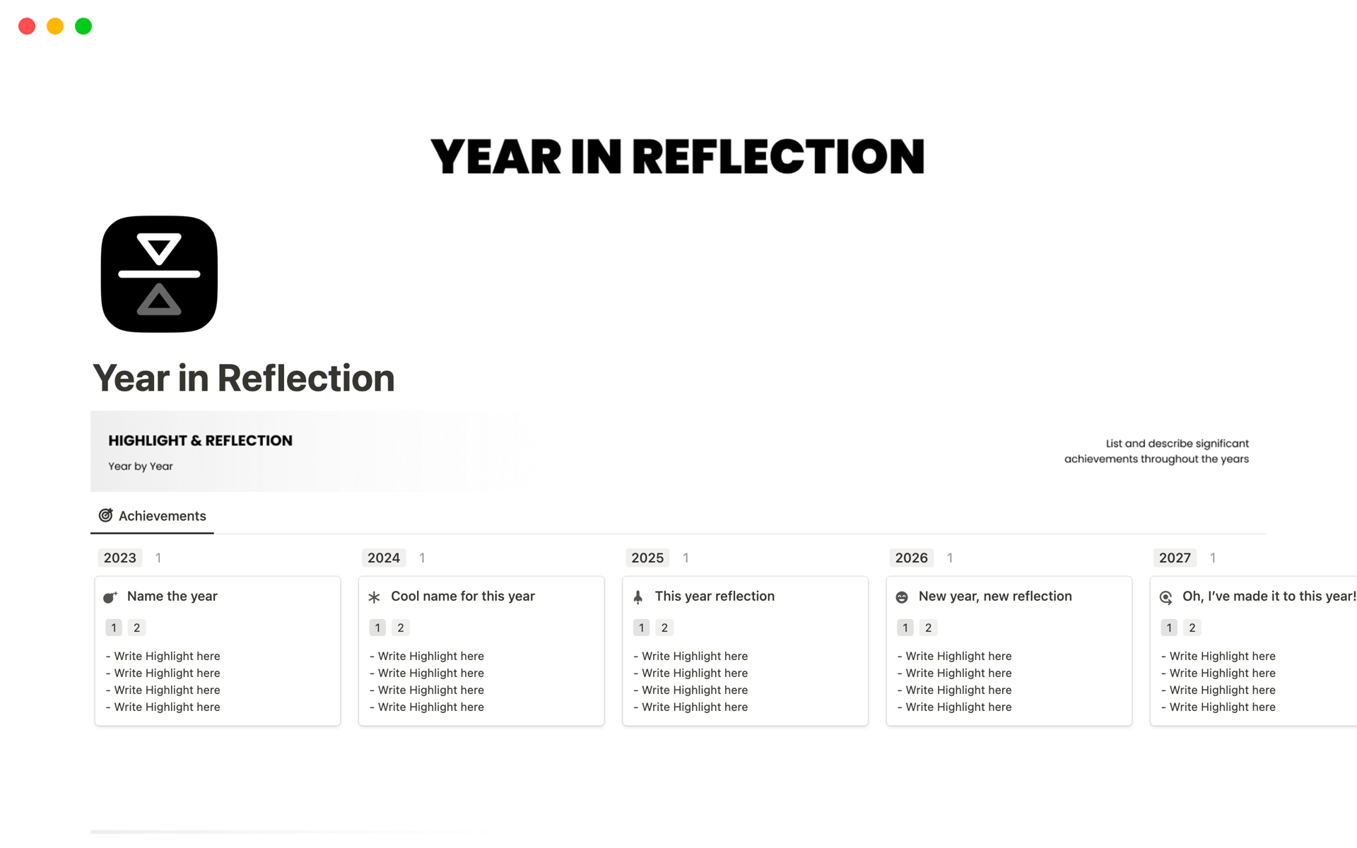 En förhandsgranskning av mallen för Year in Reflection (Yearly Review, Annual Review)