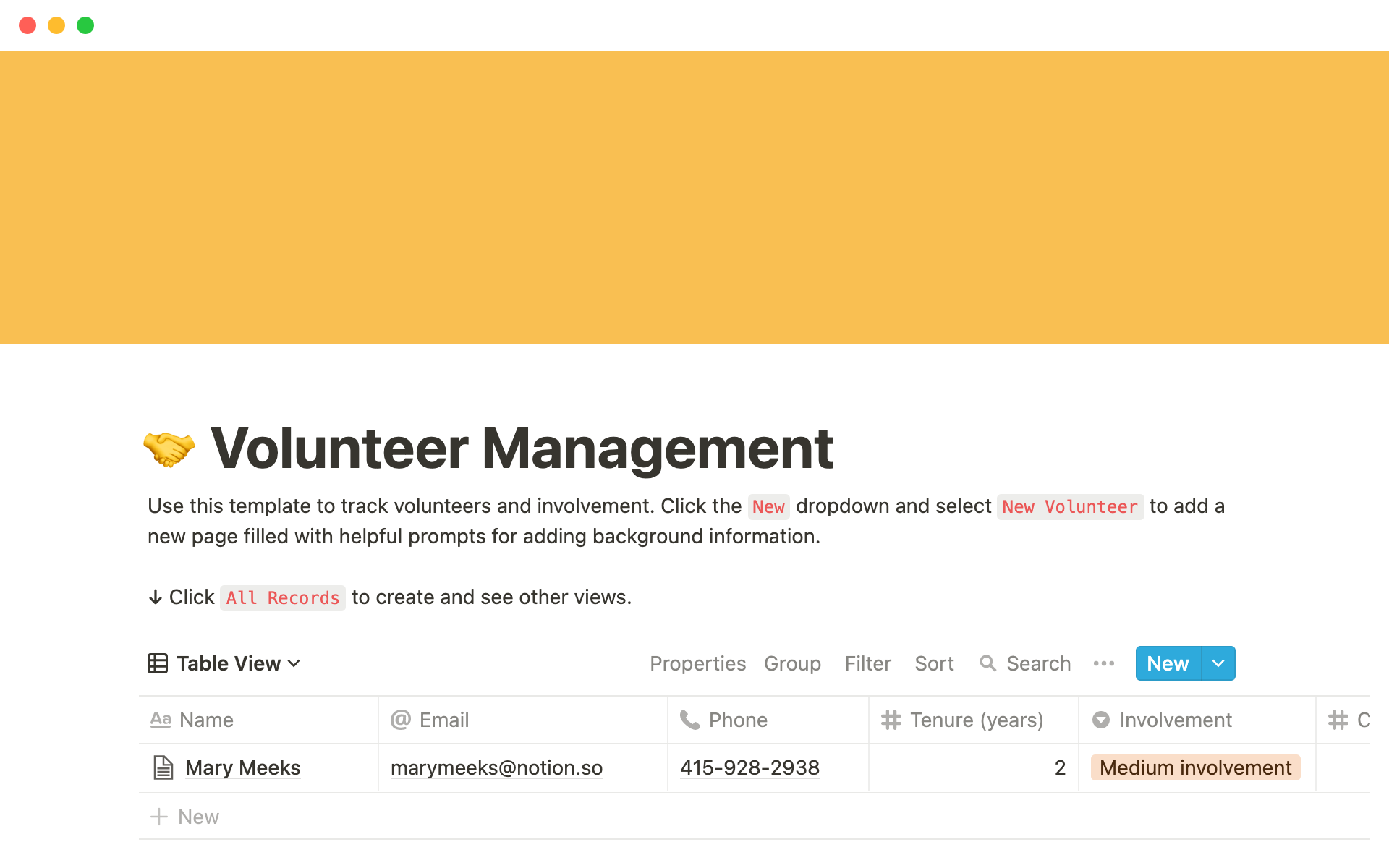 En forhåndsvisning av mal for Volunteer management