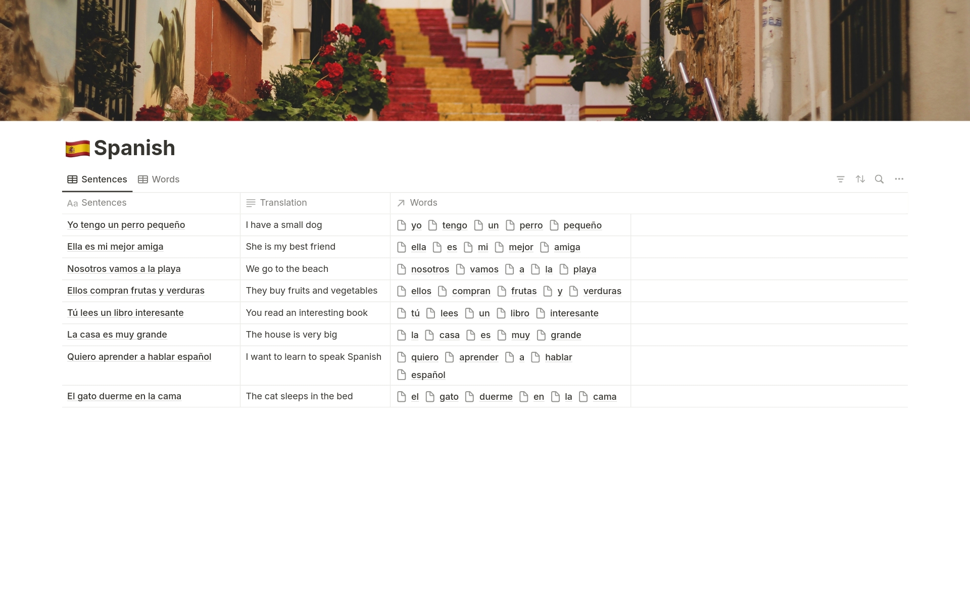 Vista previa de una plantilla para Spanish Vocabulary Tracker Language System