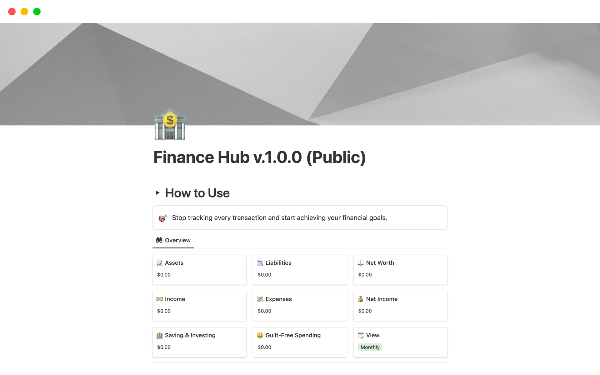 A template preview for Finance Hub v.1.0.0 (Public)