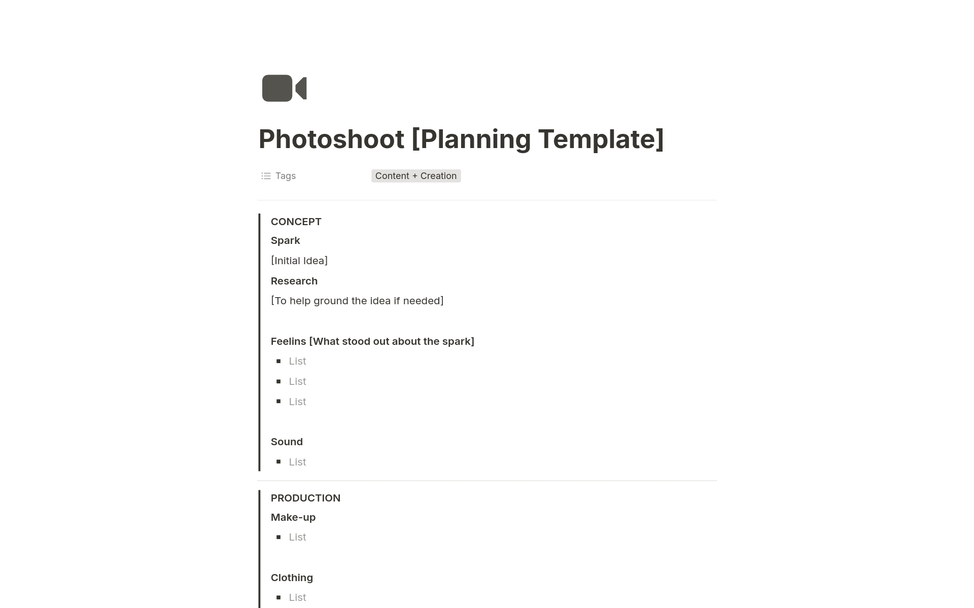 En forhåndsvisning av mal for Photoshoot Planning