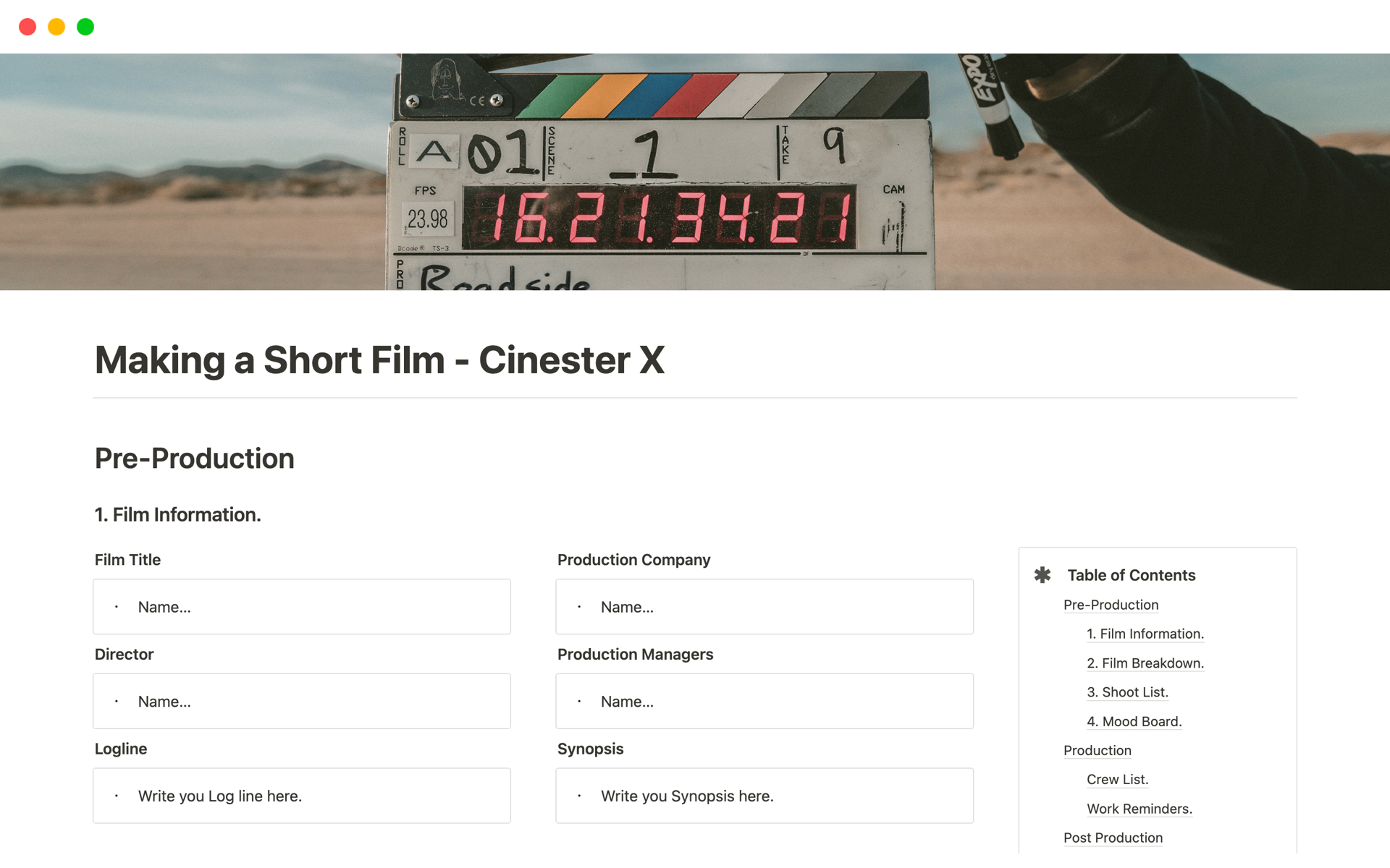 En forhåndsvisning av mal for Making a Short Film - Cinester X