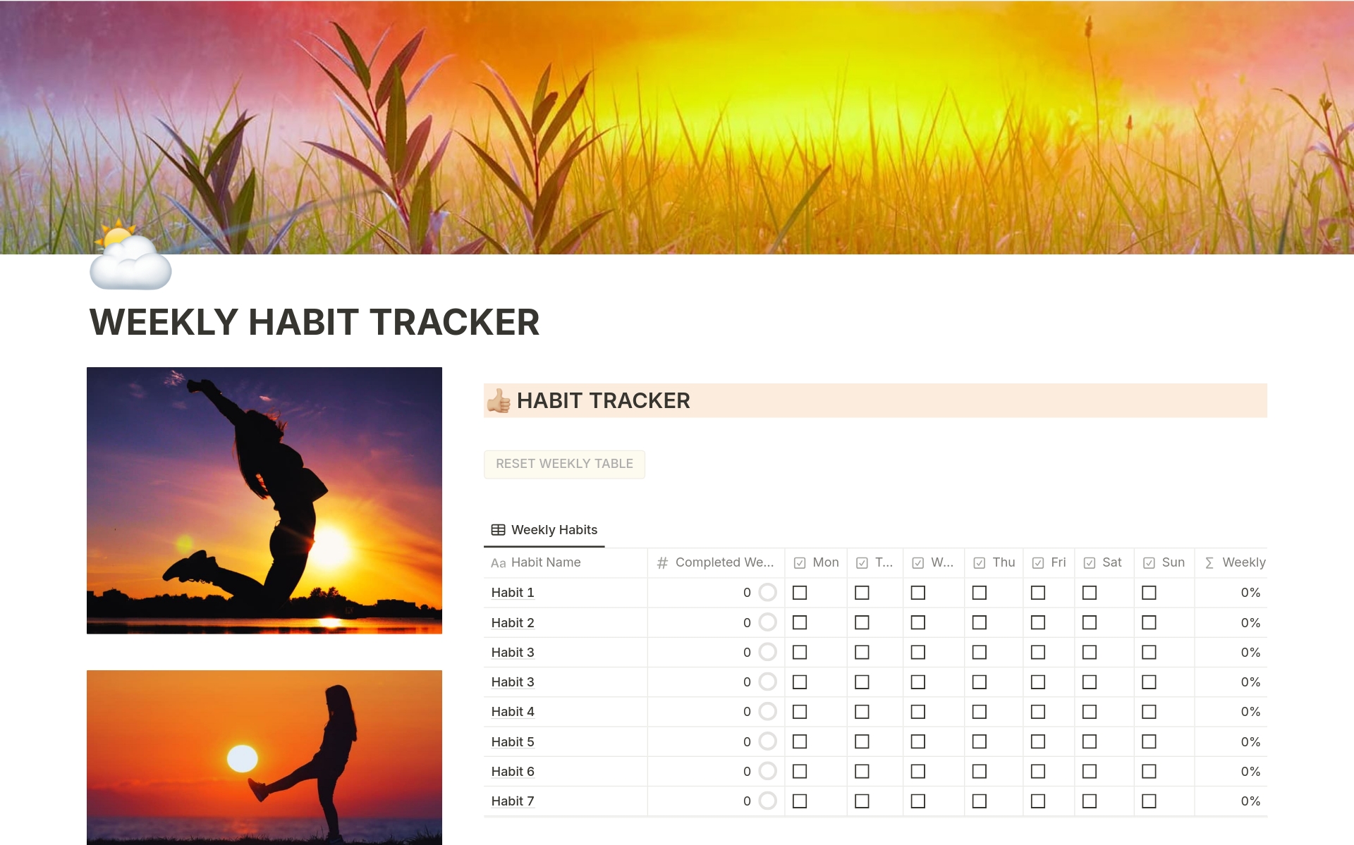 Uma prévia do modelo para Weekly Habit Tracker