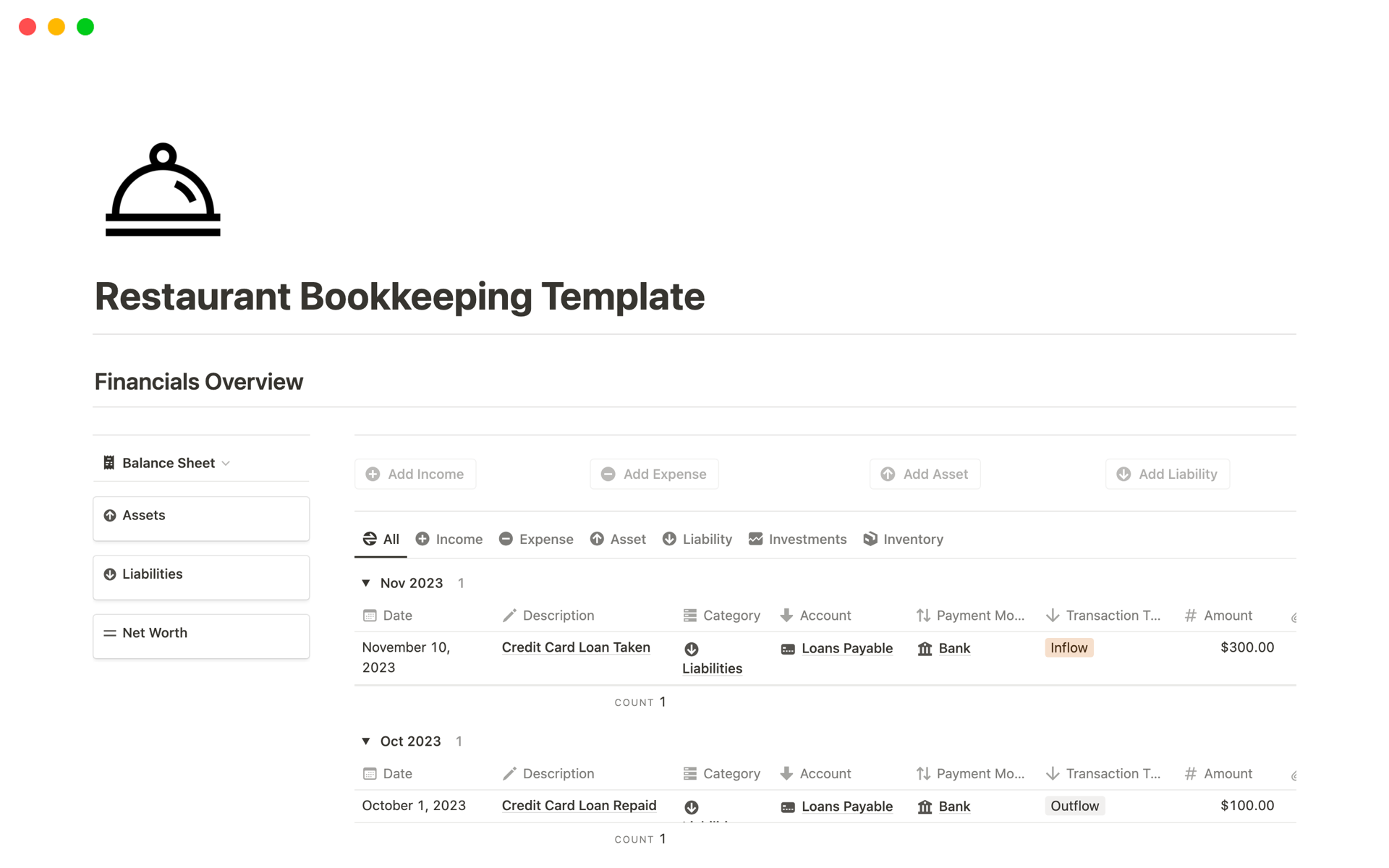 A template preview for Restaurant Bookkeeping