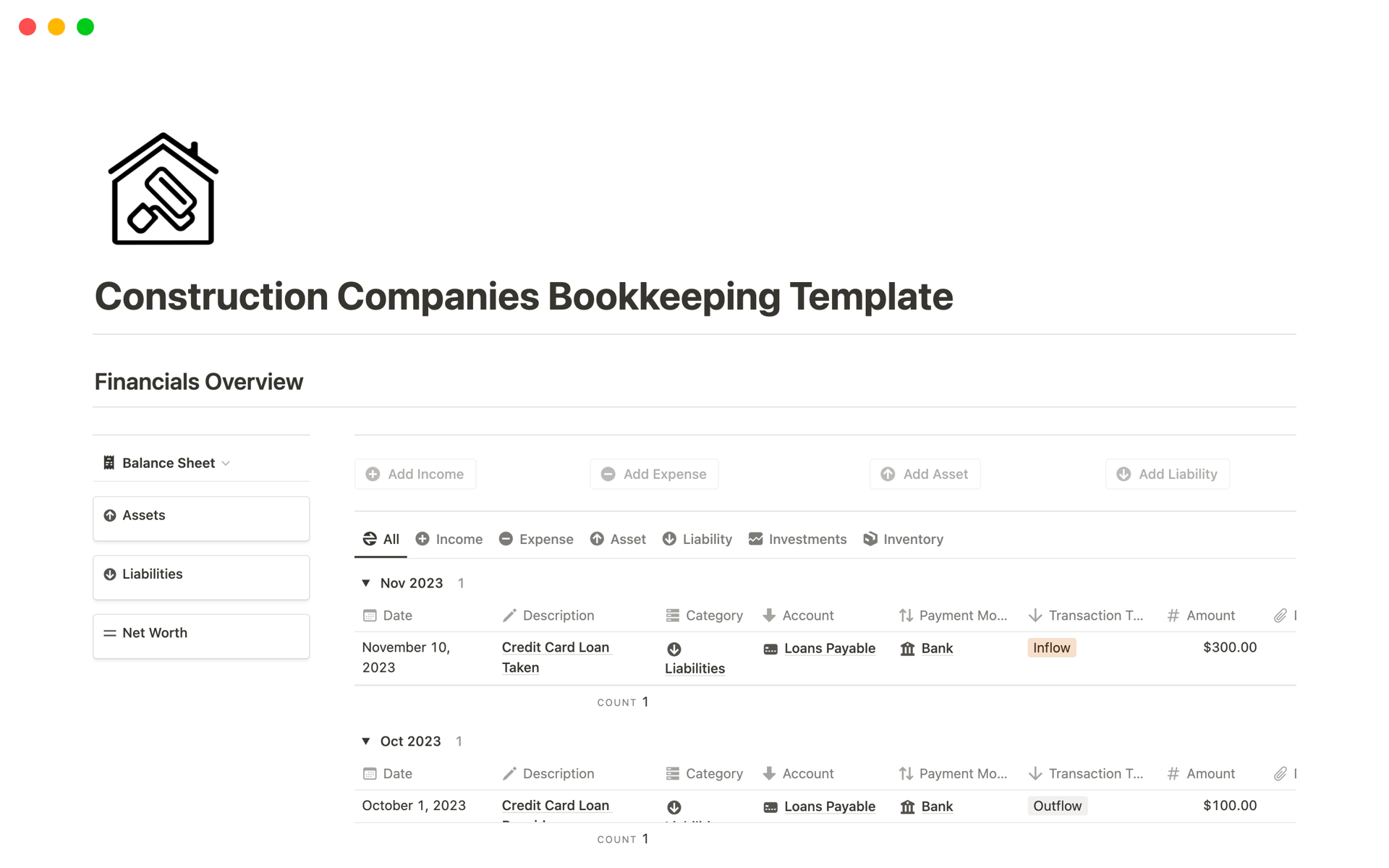 This bookkeeping template is a simple tool designed to help new construction businesses keep track of their money, showing where it comes from and where it goes