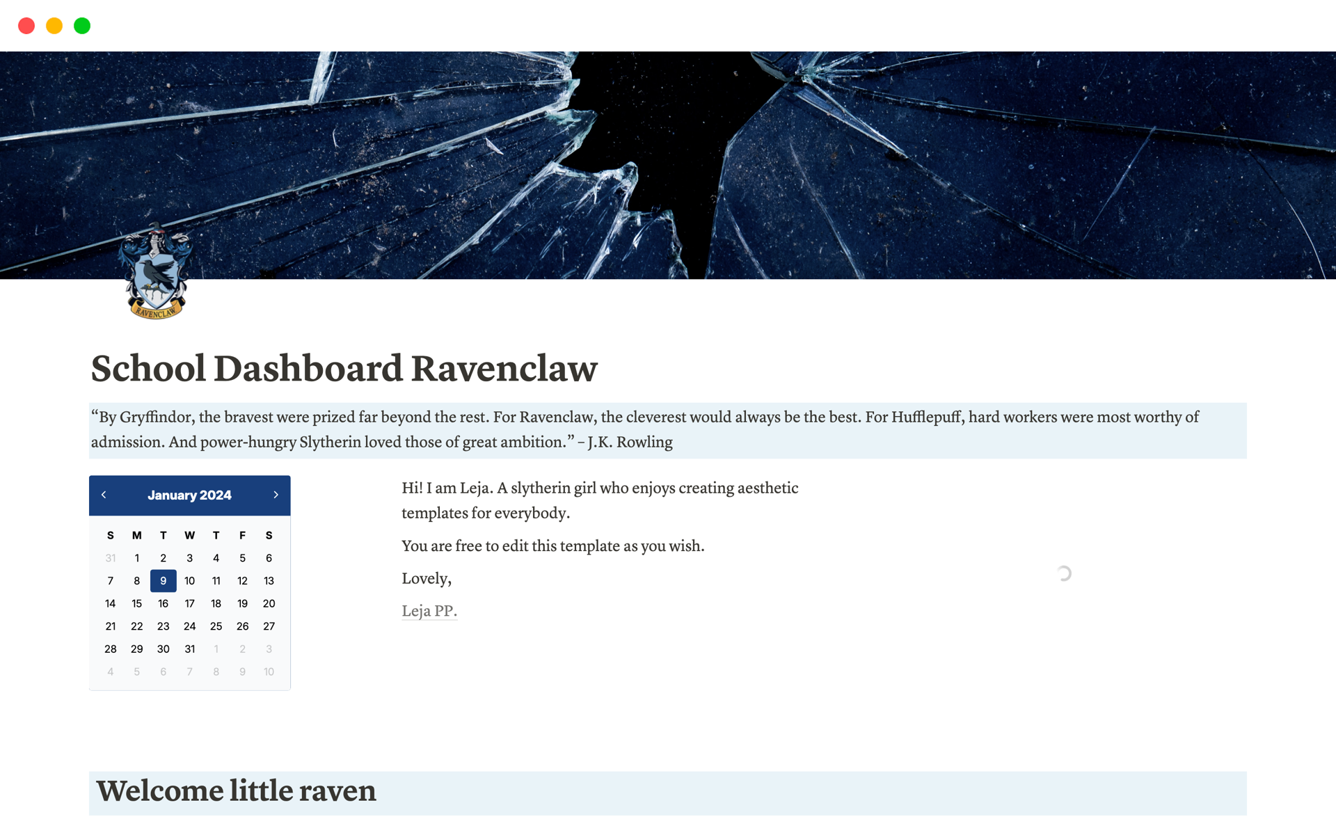 En forhåndsvisning av mal for School Dashboard Ravenclaw