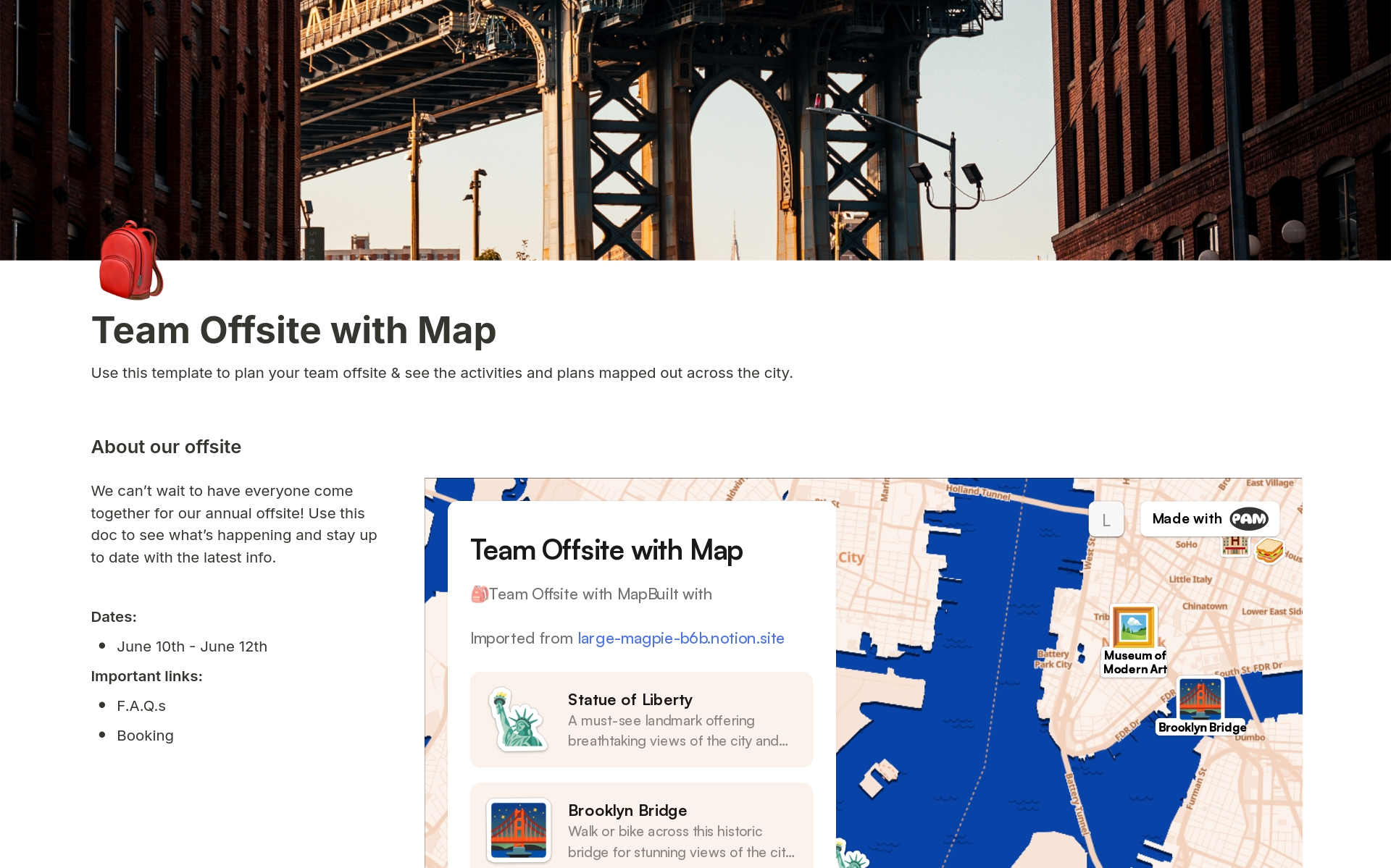 Plan your team offsite with Notion, and include an instantly generated map with it - so that your team knows where all the spots are.