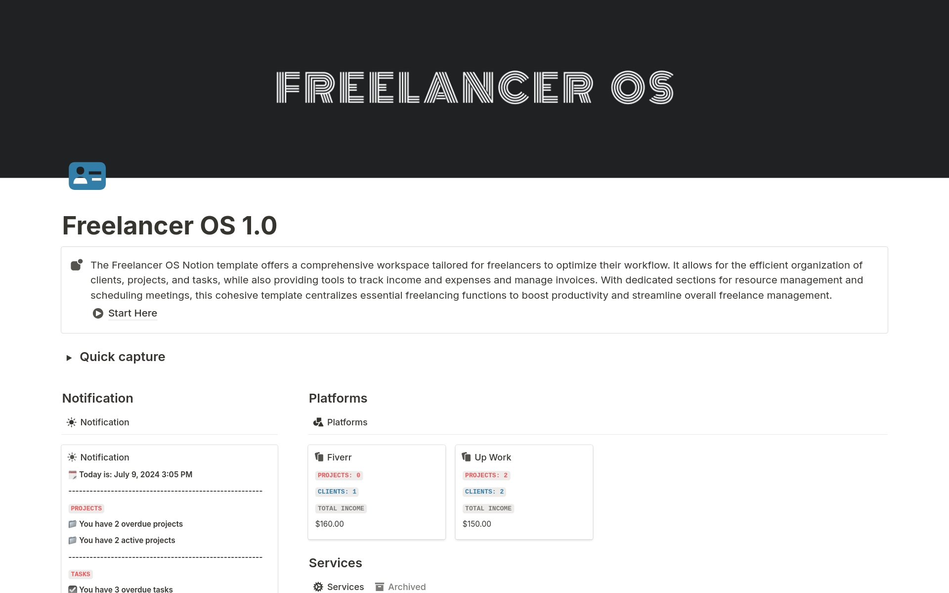 Freelancer OS notion template allows for the efficient organization of clients, projects, and tasks, while also providing tools to track income and expenses and manage invoices. 